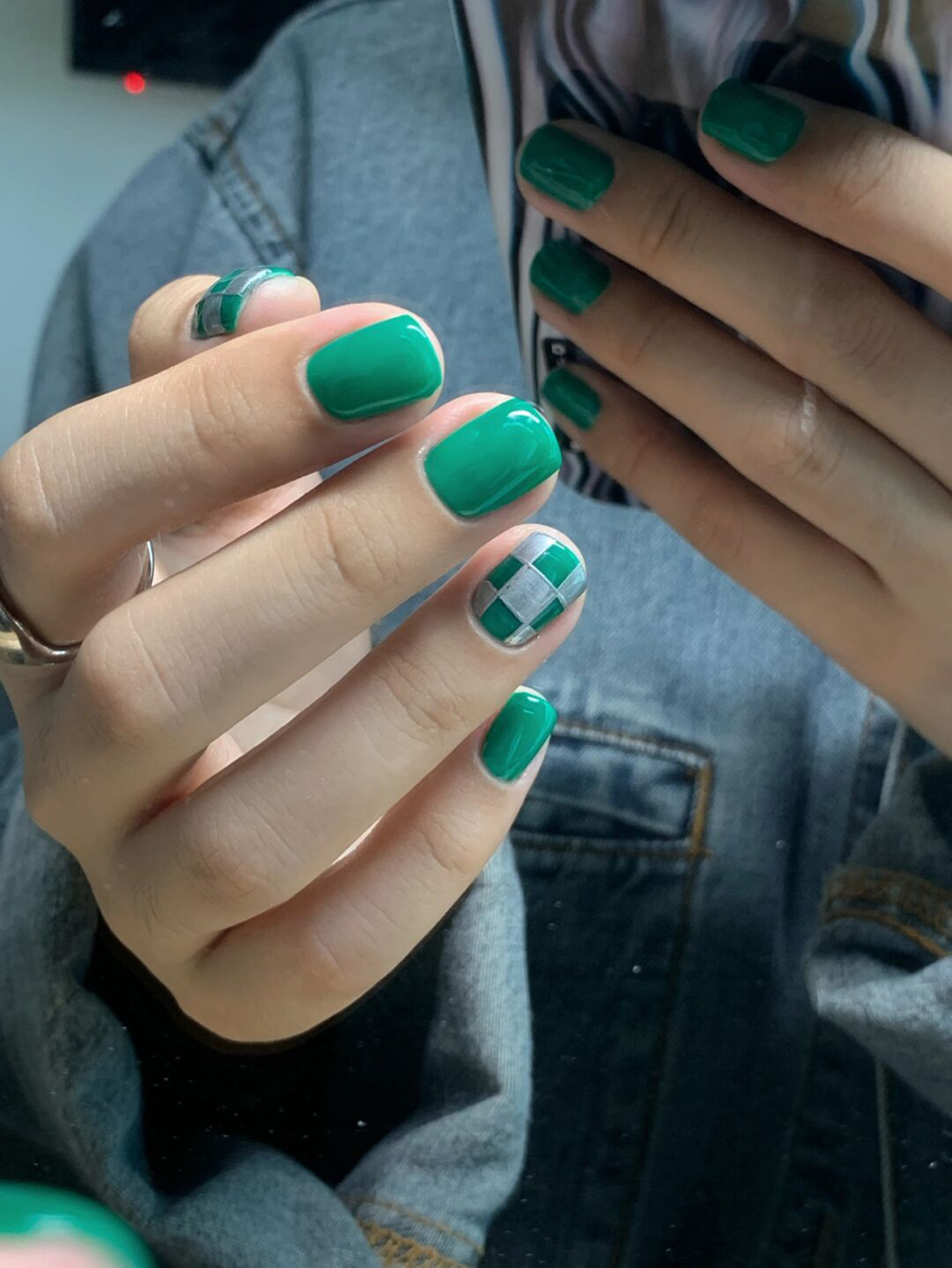 Green Checkerboard Short Round Nails shown as a nail art design with green, checkerboard, round and short details.