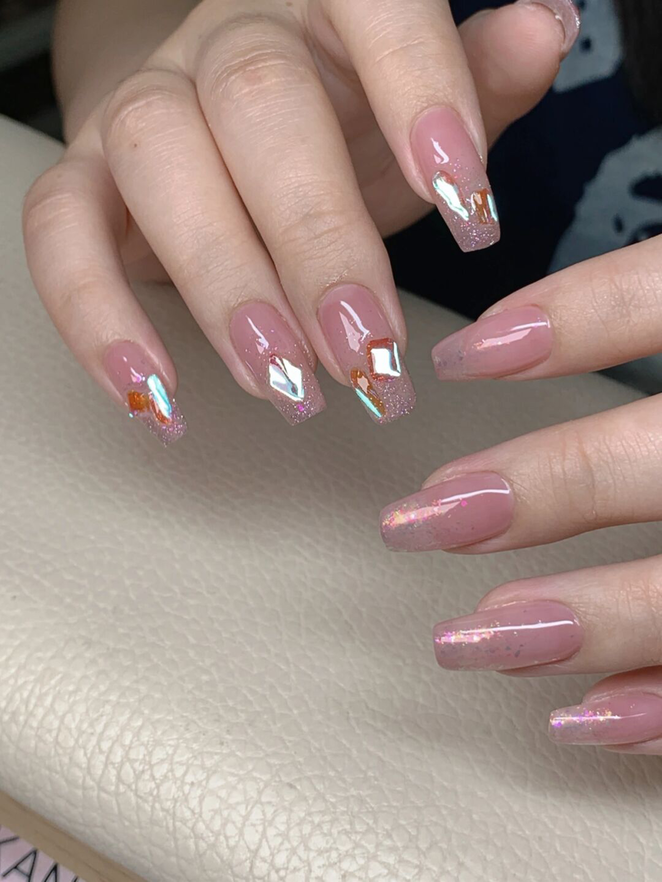 Pink Chrome Coffin Nails shown as a nail art design with pink, chrome, glitter, coffin and medium details.