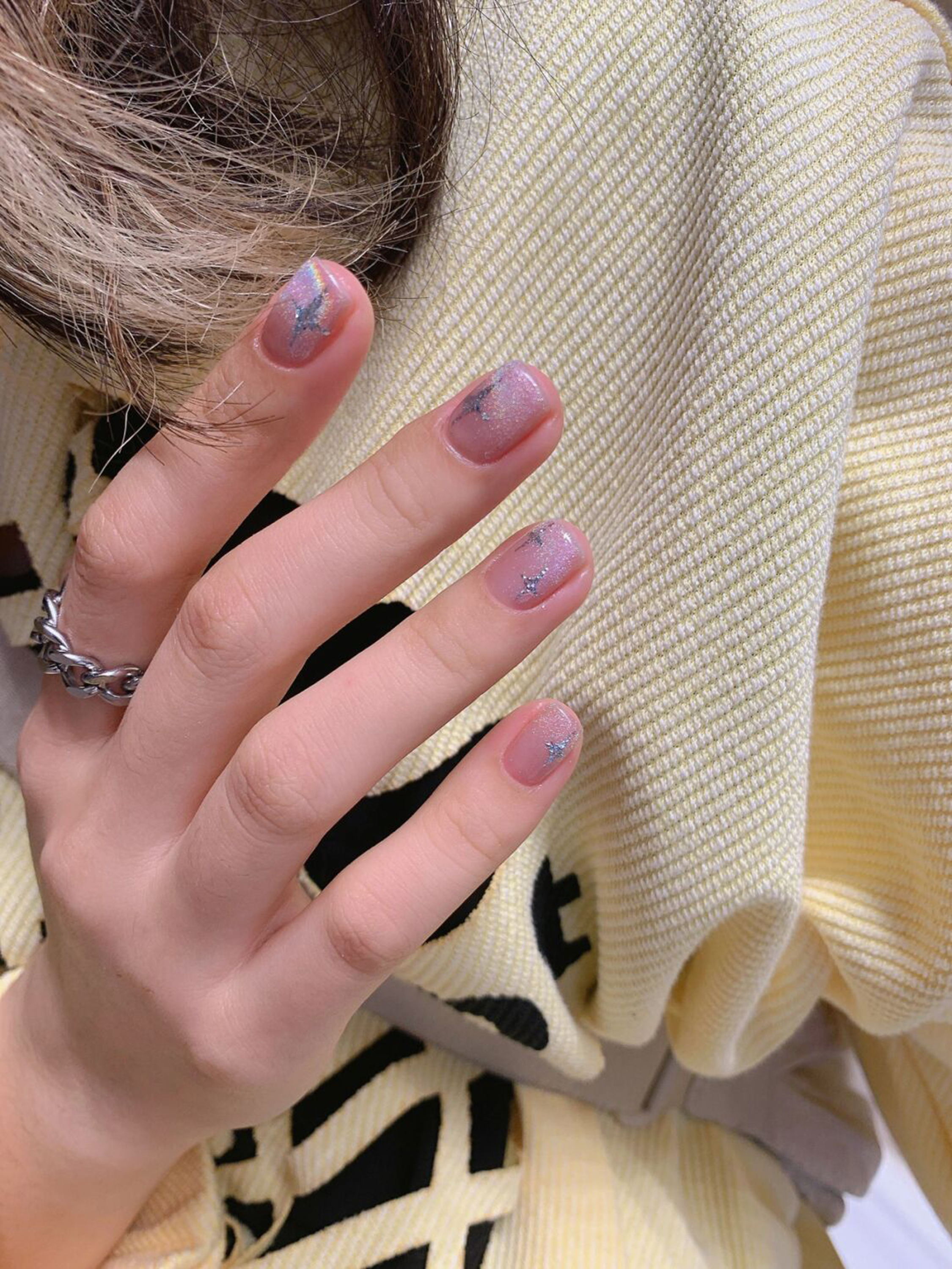 Pink and Silver Glitter Short Round Nails shown as a nail art design with pink, silver, glitter, simple, round and short details.