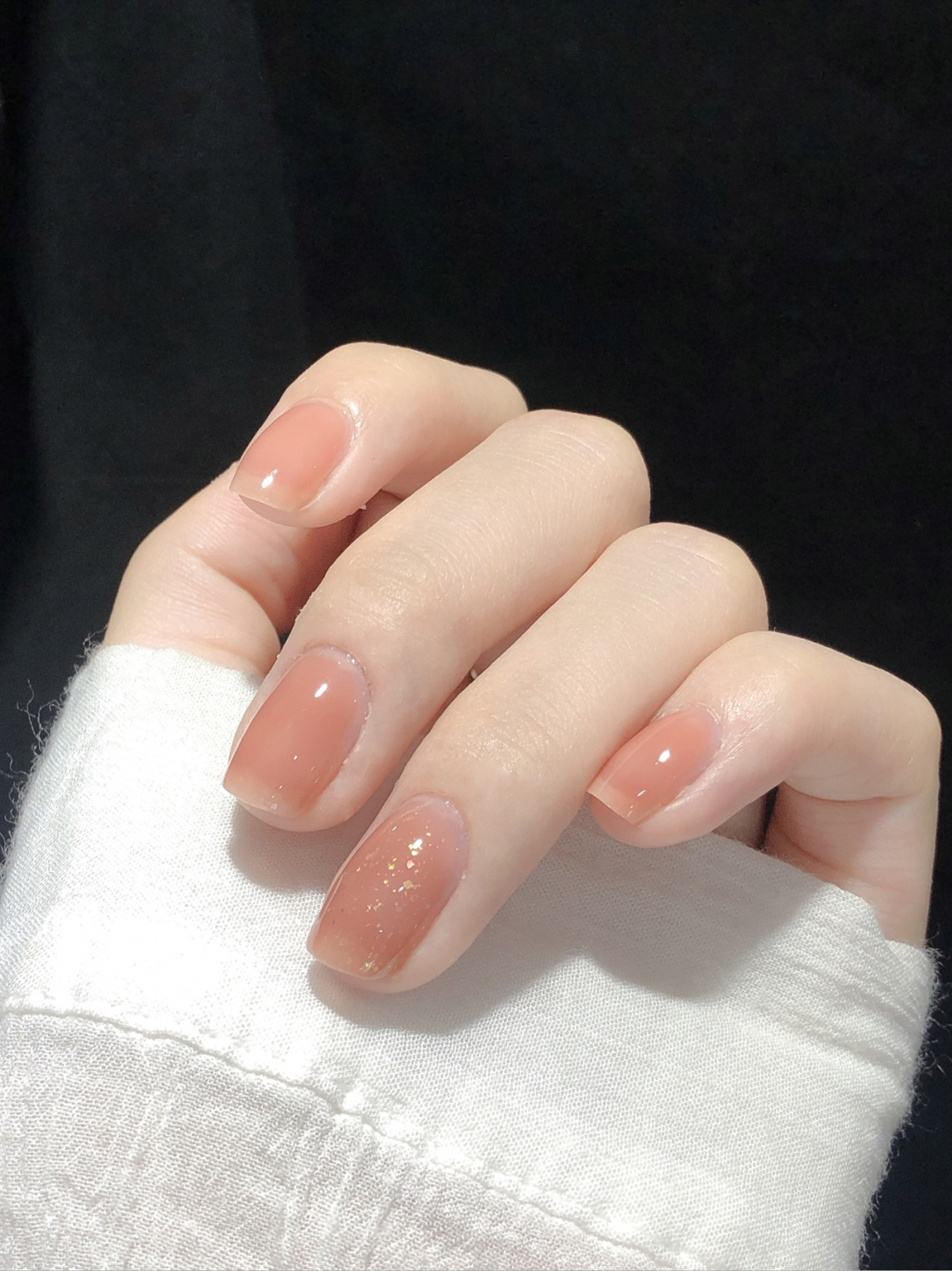 Nude Glitter Square Nails shown as a nail art design with nude, elegant, glitter, simple, square and medium details.