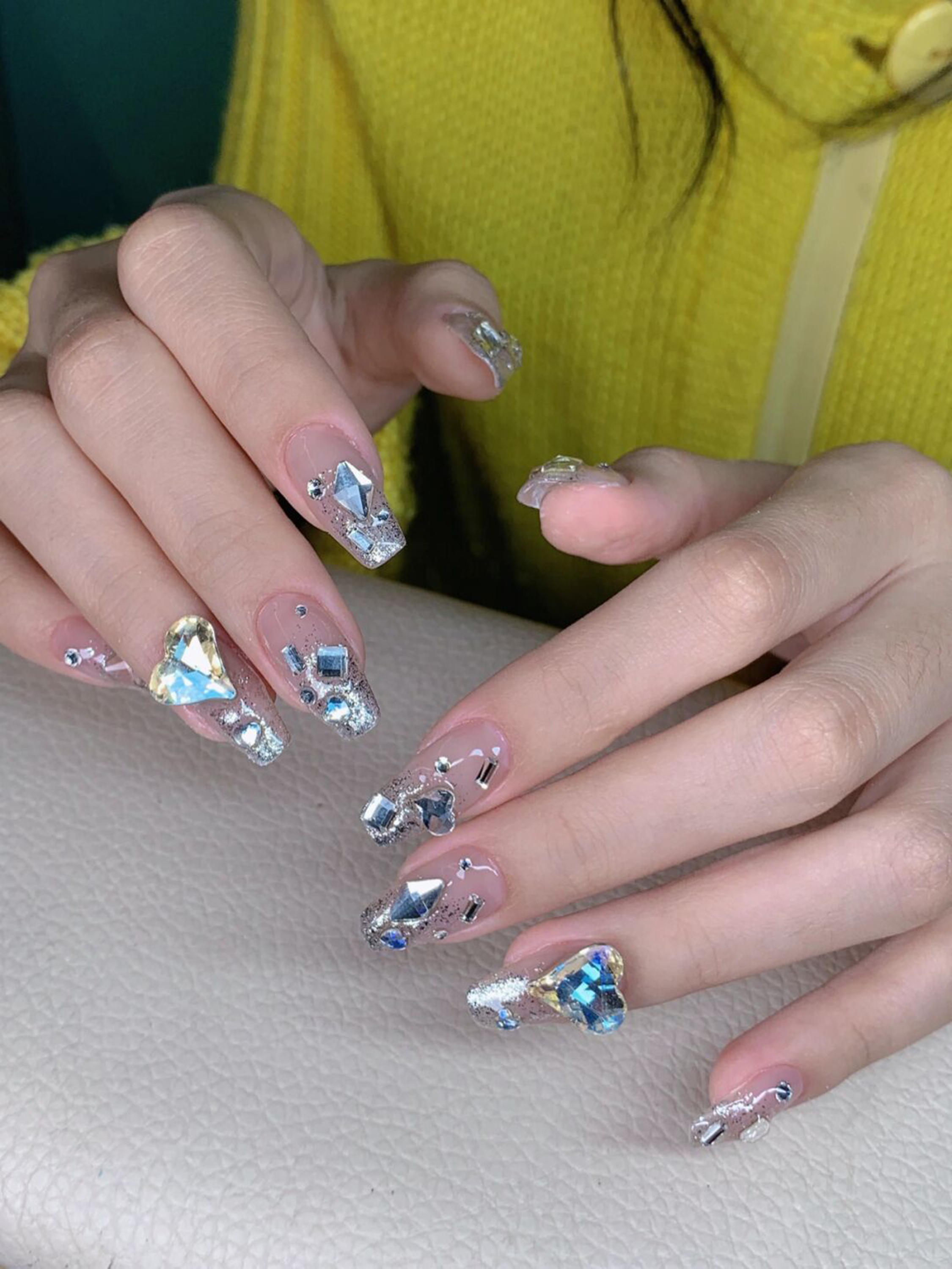 Silver 3D Long Coffin Nails shown as a nail art design with silver, 3d, elegant, coffin and long details.