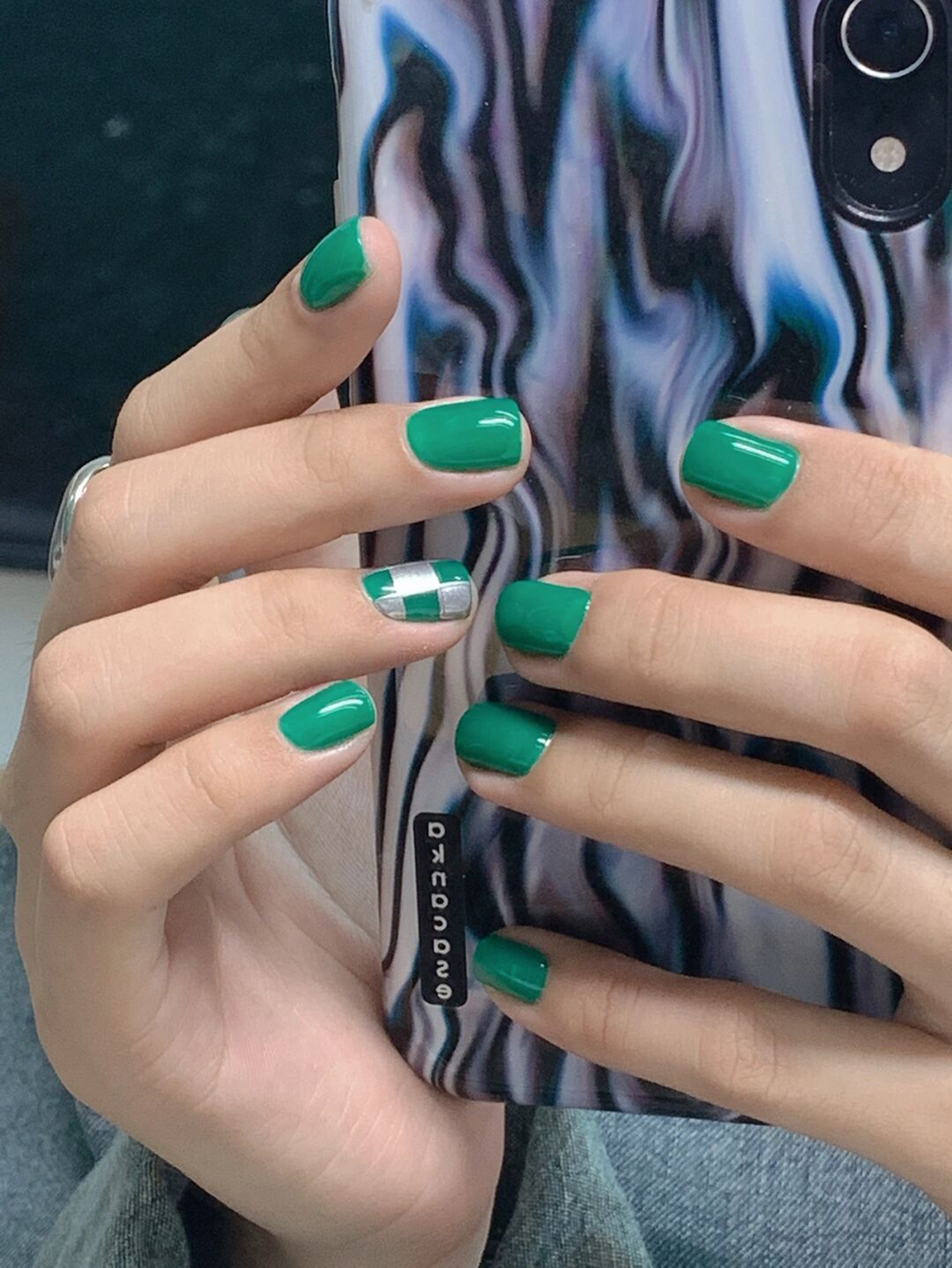 Green and White Checkerboard Round Nails shown as a nail art design with green, white, simple, checkerboard, round and medium details.