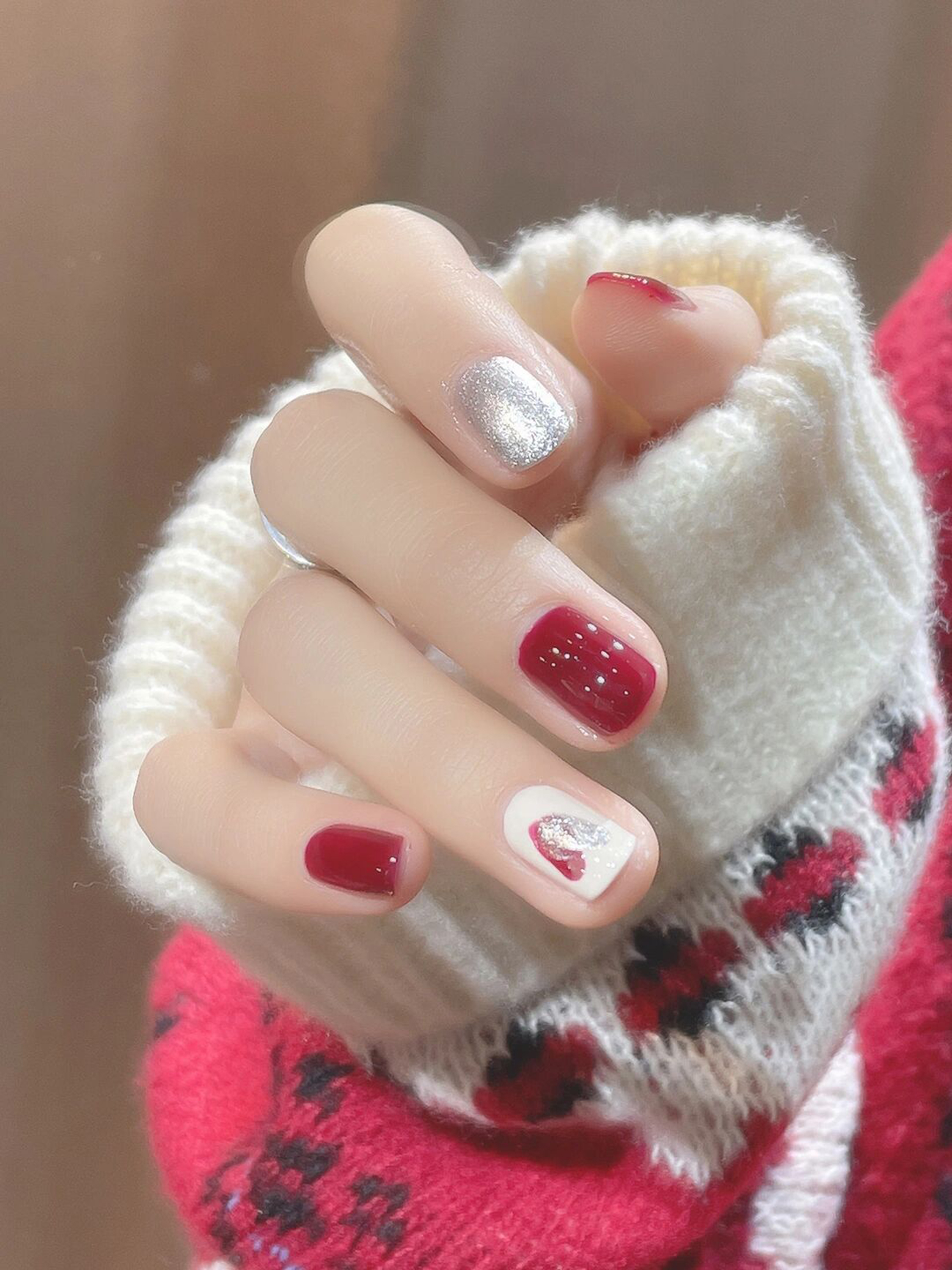 Silver and White Heart Short Square Nails shown as a nail art design with silver, white, glitter, cute, heart, square and short details.