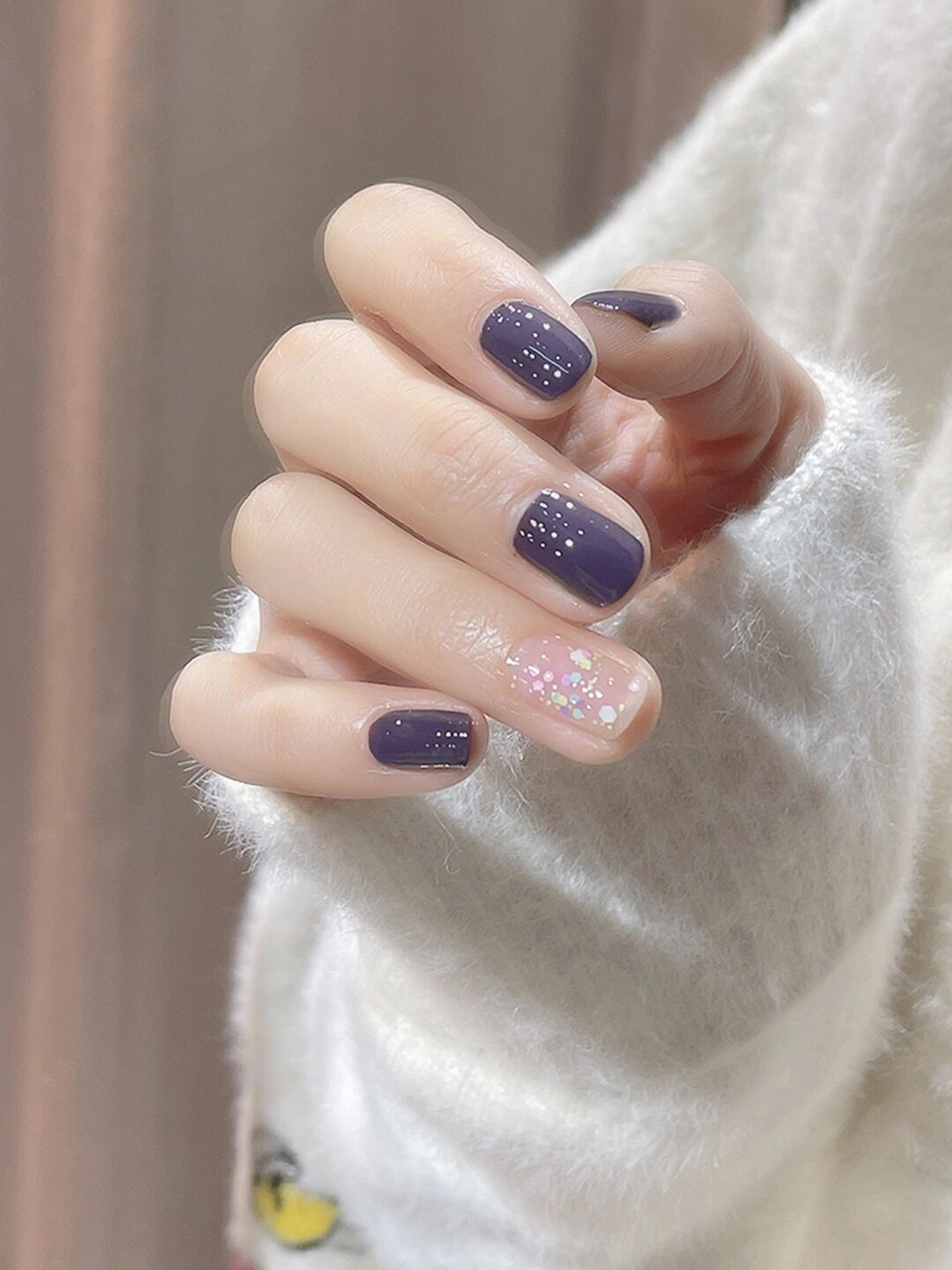 Nude and Purple Floral Short Nails shown as a nail art design with nude, purple, cute, simple, flower and short details.