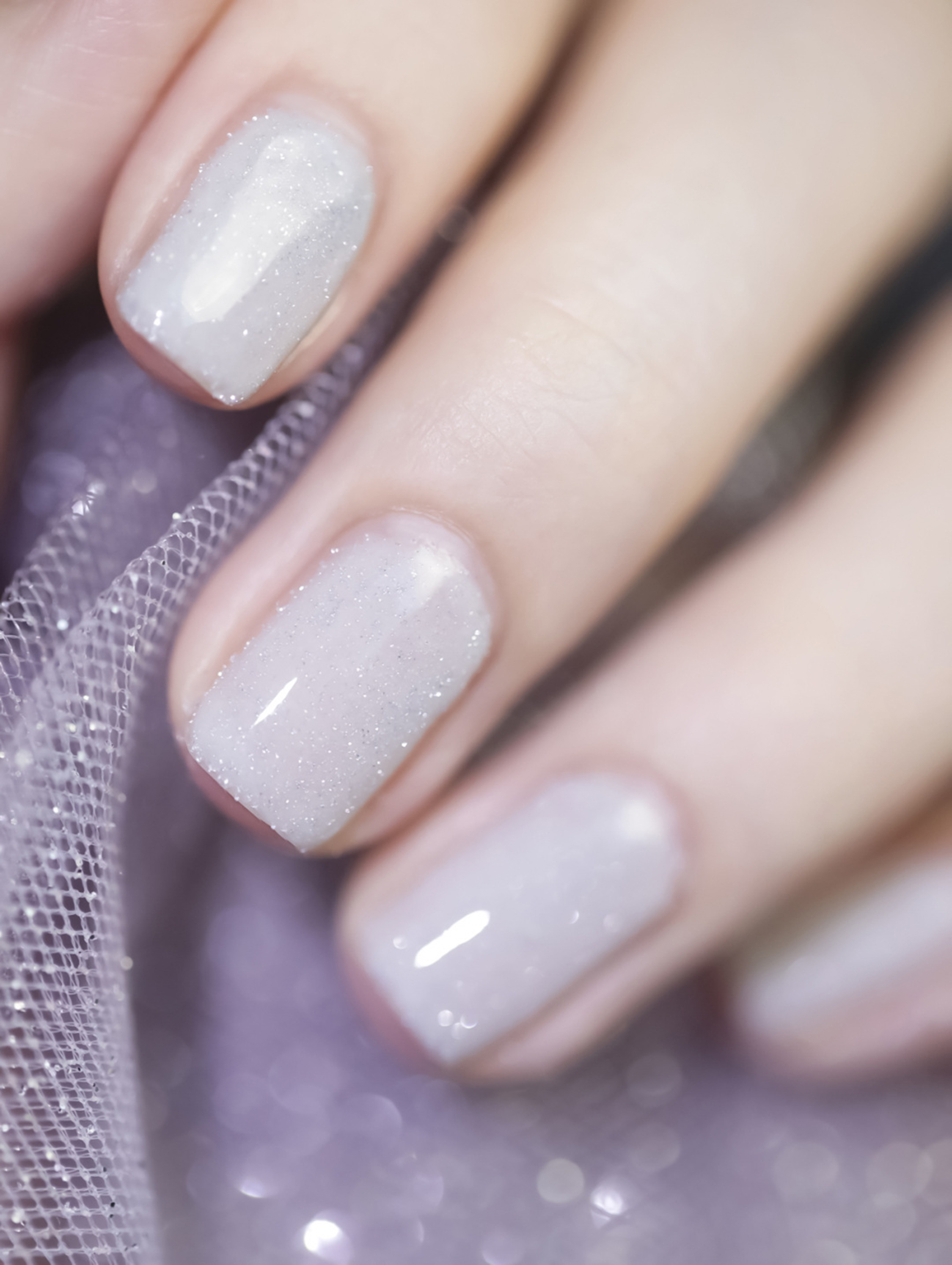 White Glitter Square Nails shown as a nail art design with white, glitter, square and medium details.