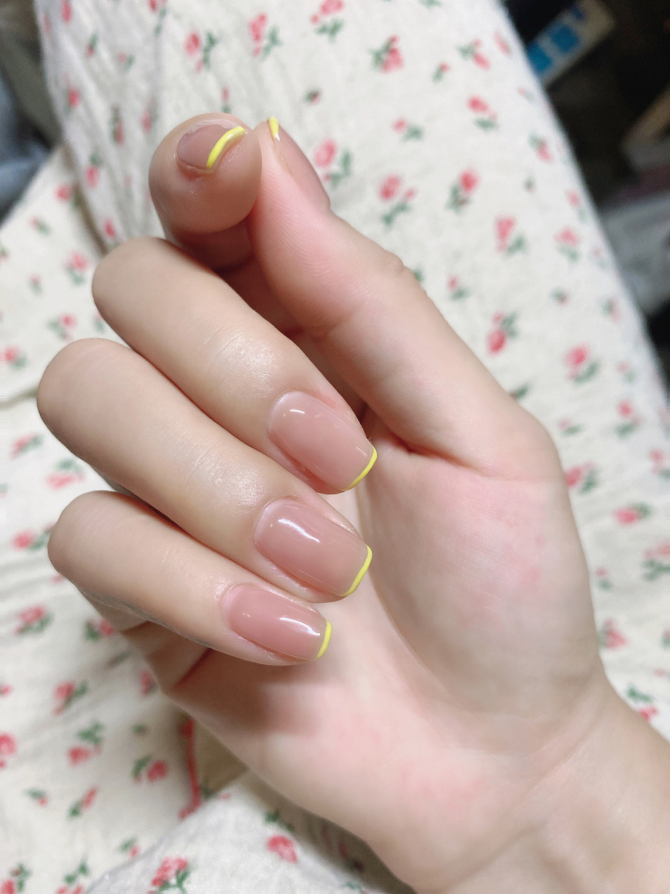 Nude and Yellow French Tip Square Nails shown as a nail art design with nude, yellow, french, minimal, square and medium details.