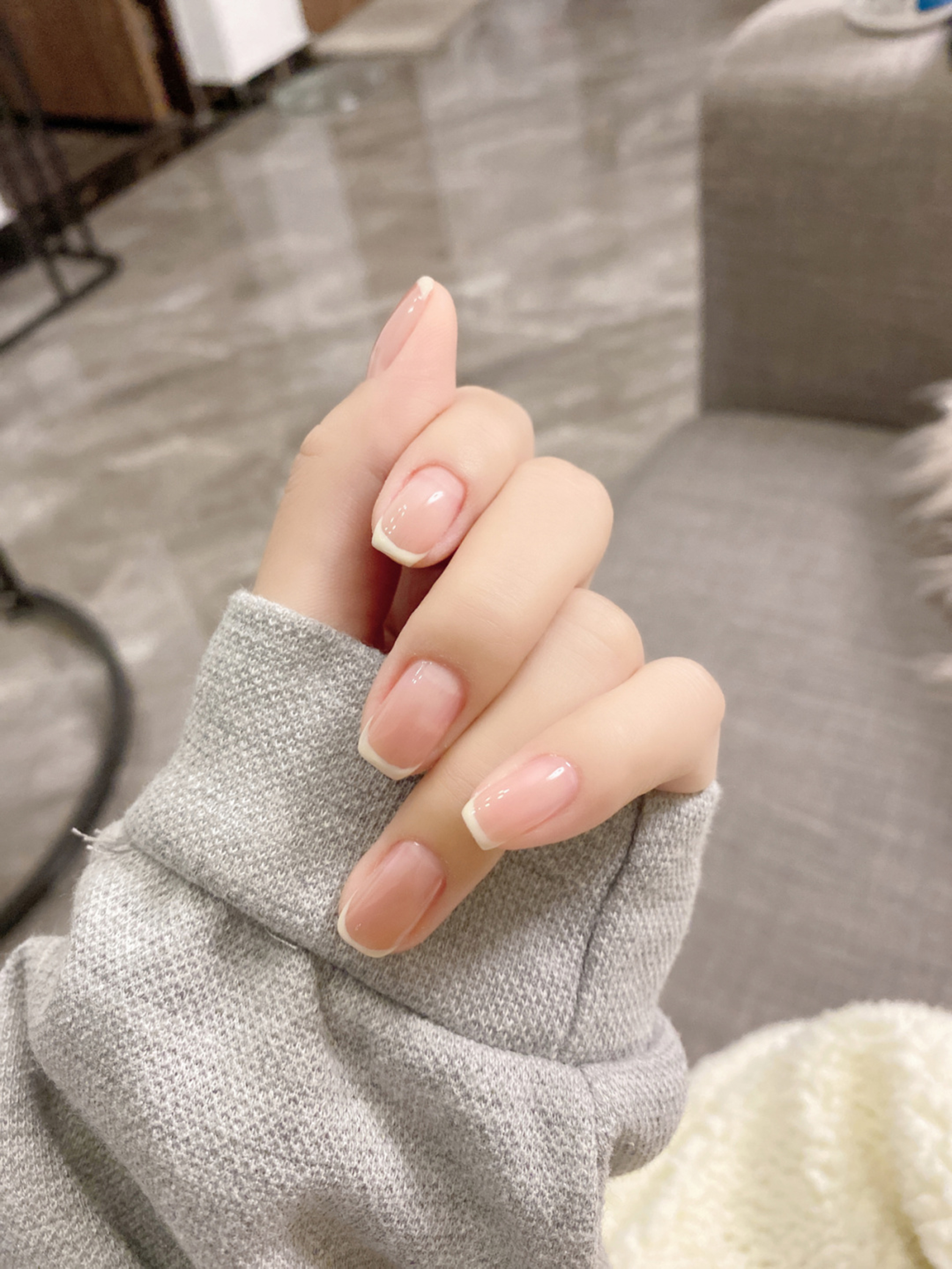 Nude and White French Tip Short Square Nails shown as a nail art design with nude, white, simple, french, square and short details.