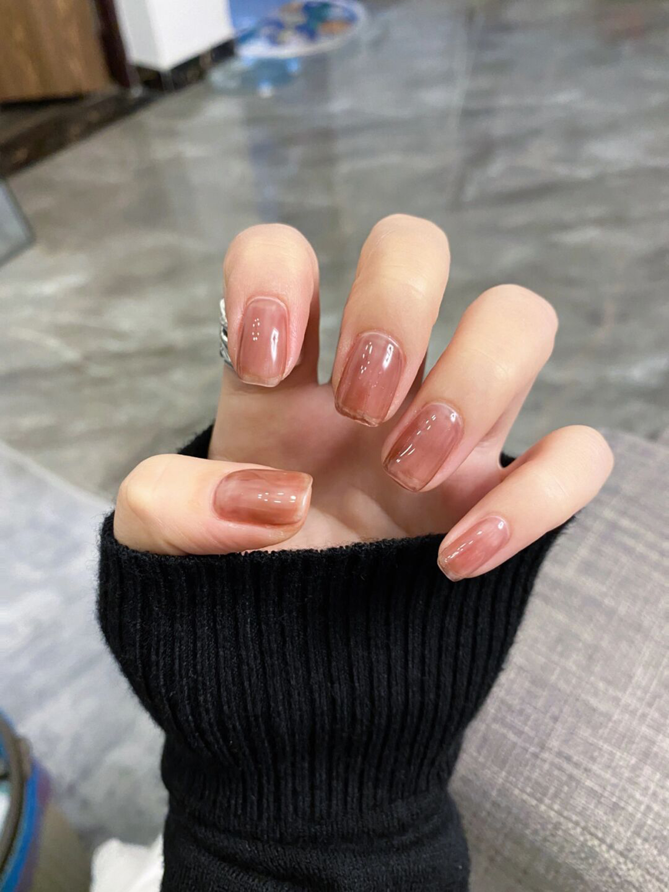 short square brown nail design with gel and simple details
