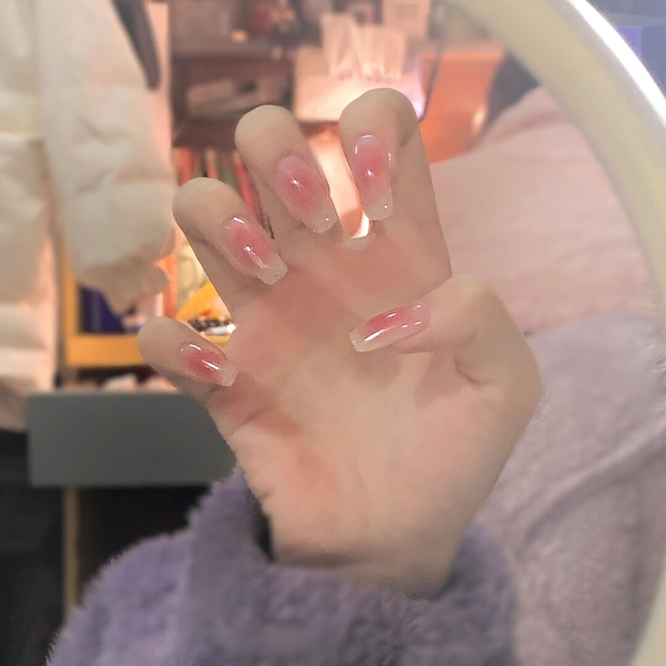 Pink and Nude Ombre Long Coffin Nails shown as a nail art design with pink, nude, ombre, coffin and long details.
