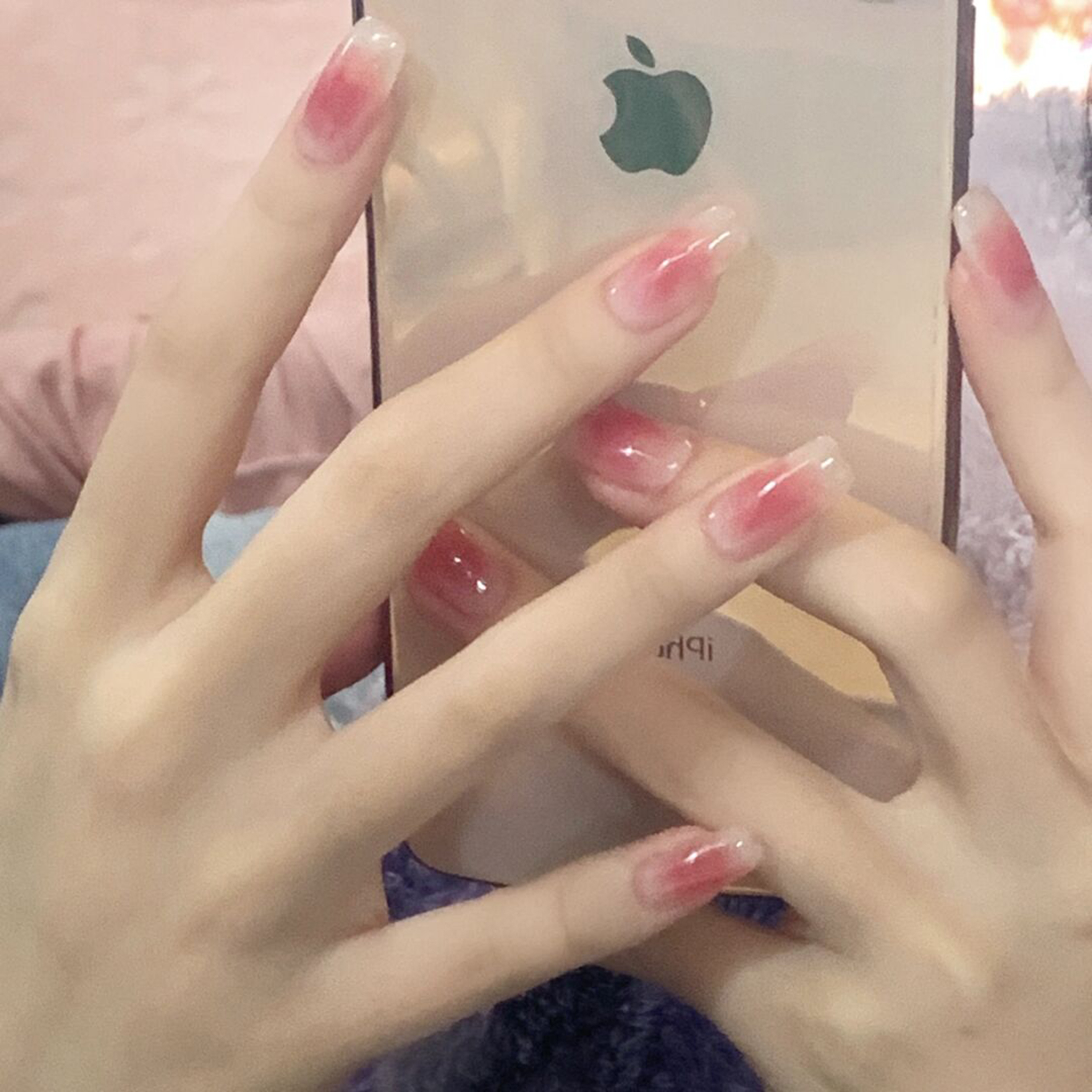 long almond pink nude nail design with ombre and gel and cute details