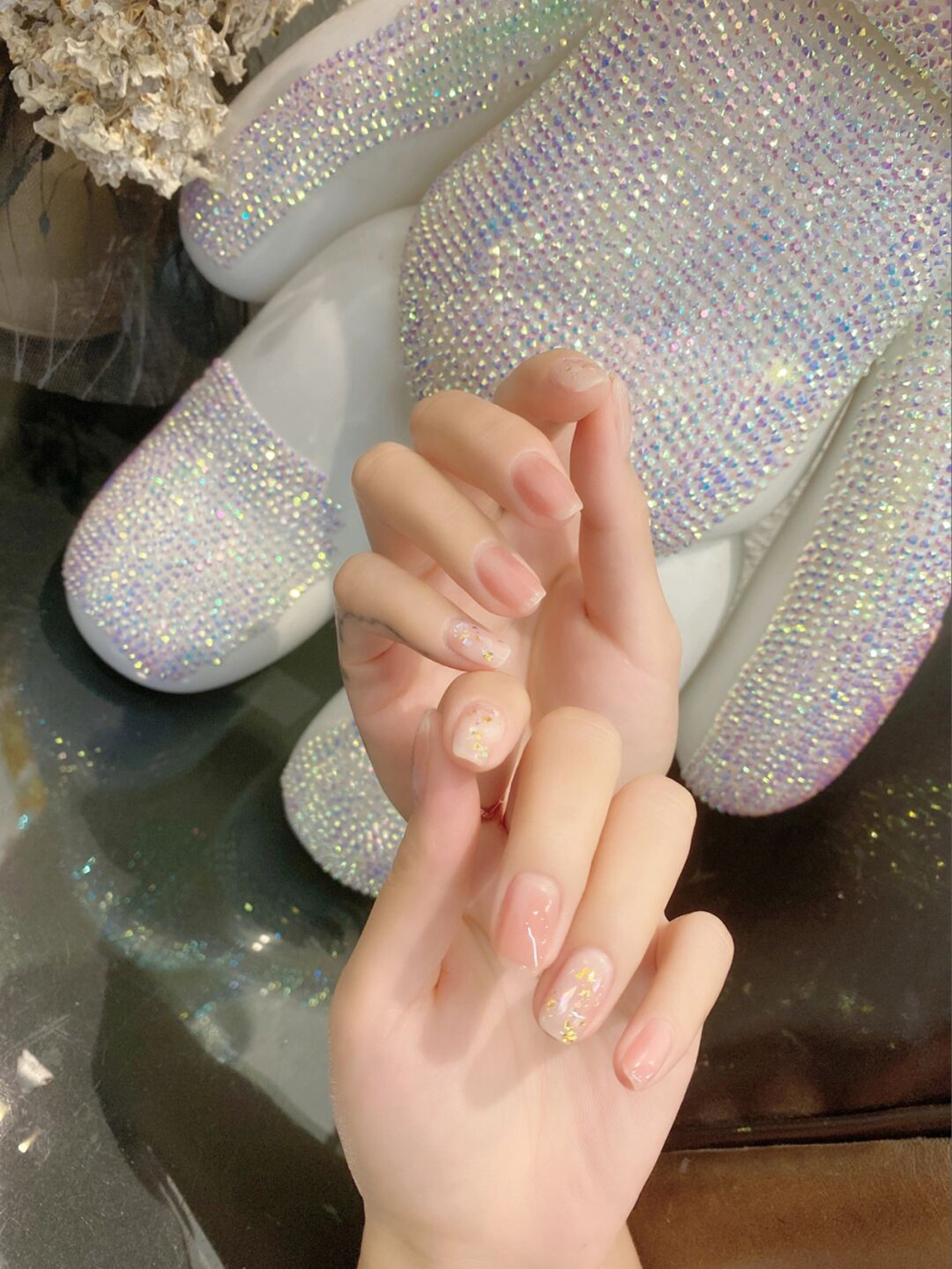 medium almond pink nude gold nail design with glitter and gel and cute details