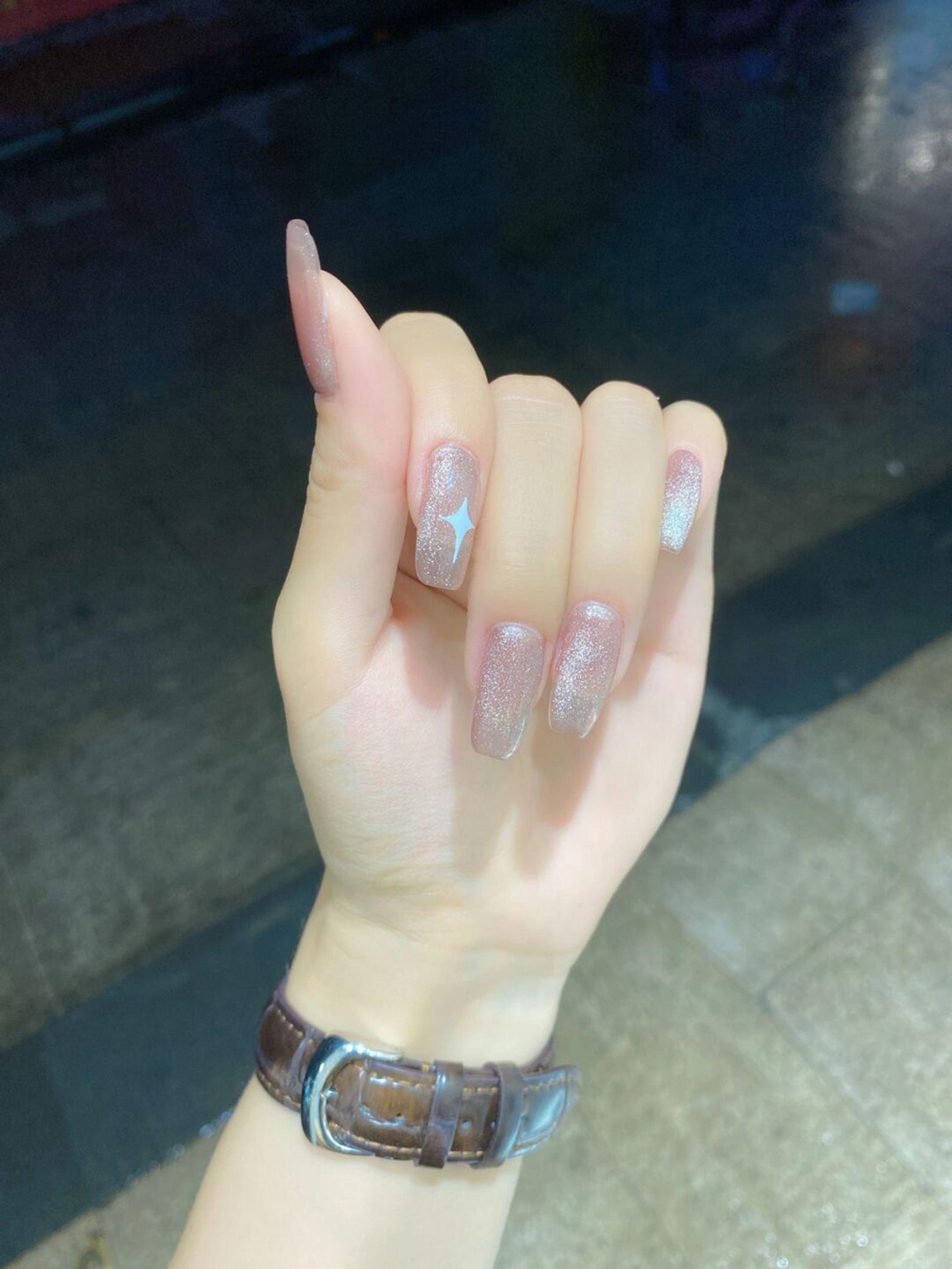 long coffin silver pink blue nail design with glitter and chrome and cute details and star accents