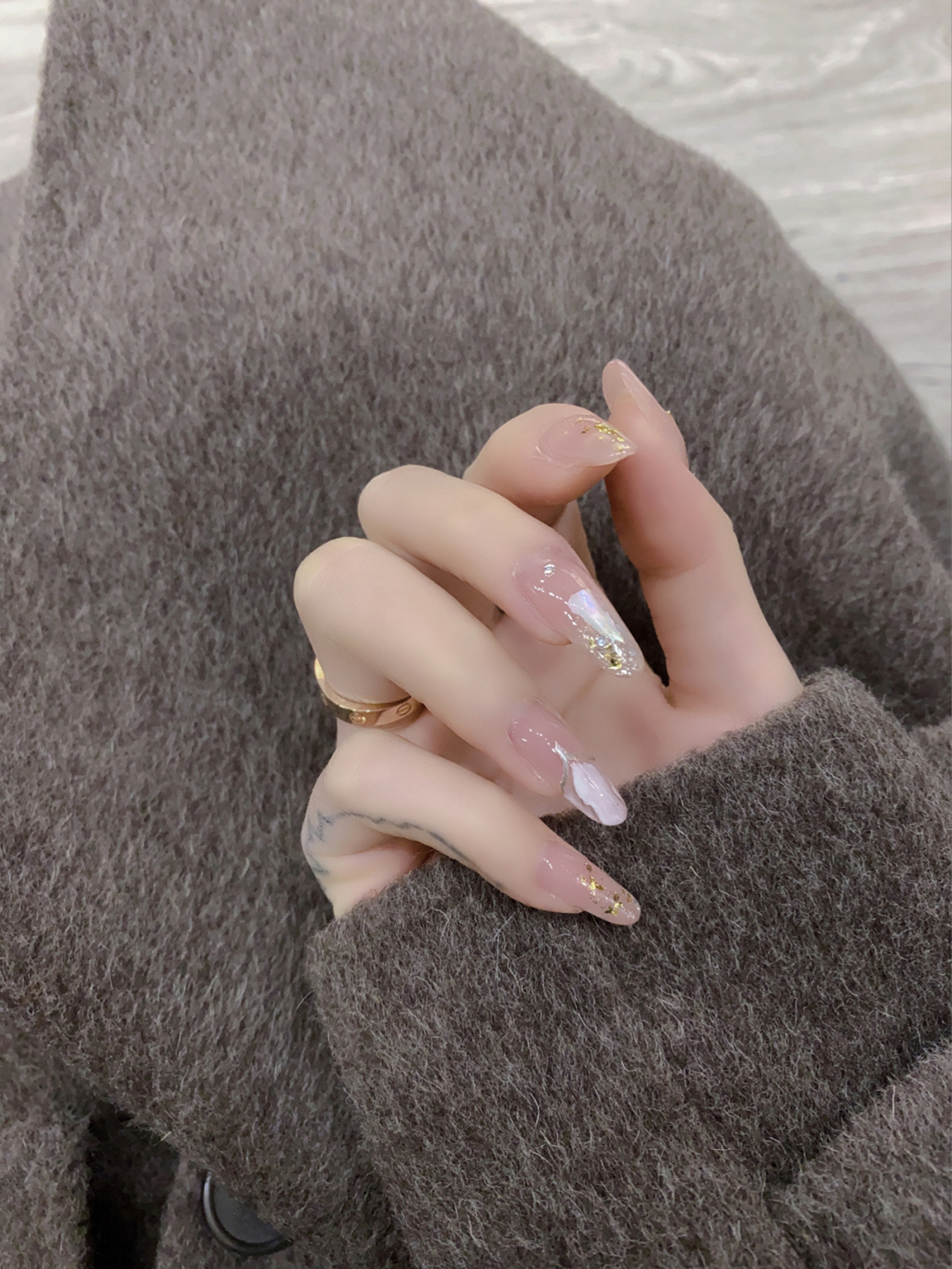 Pink, Gold and White Glitter Long Almond Nails shown as a nail art design with pink, gold, white, glitter, almond and long details.