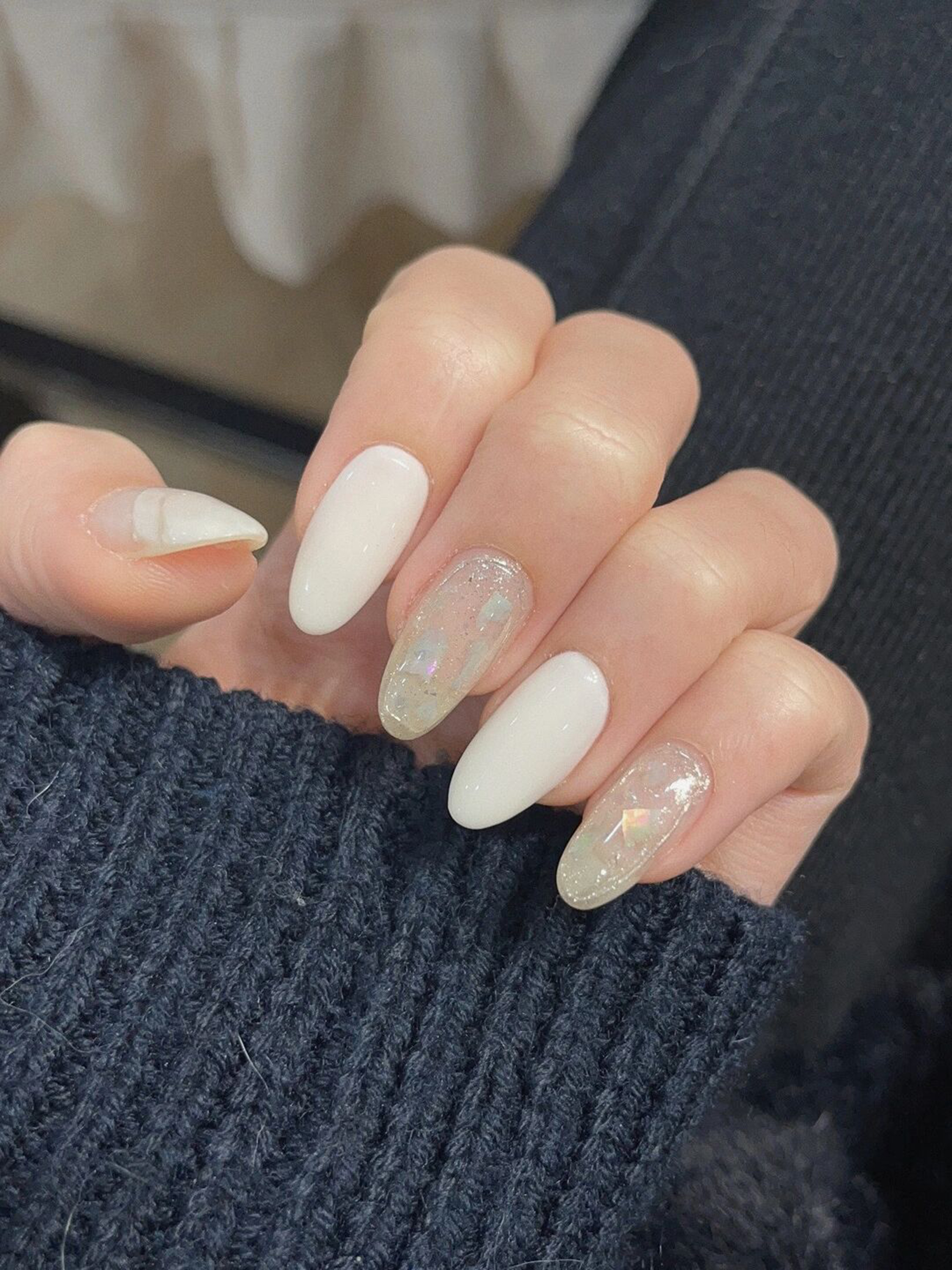 long almond white silver gold nail design with glitter and elegant and gel details