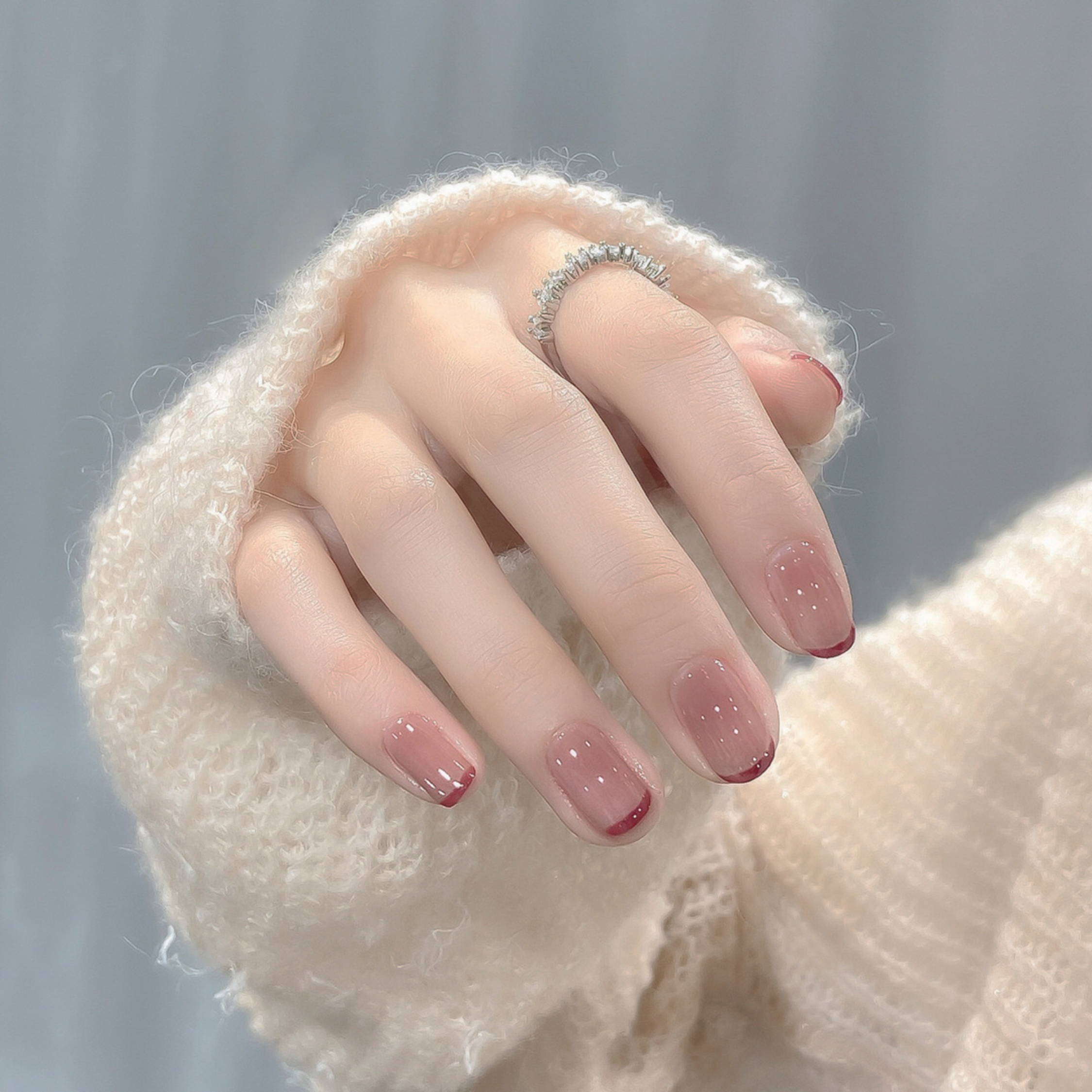 medium oval nude pink red nail design with french and elegant and gel details