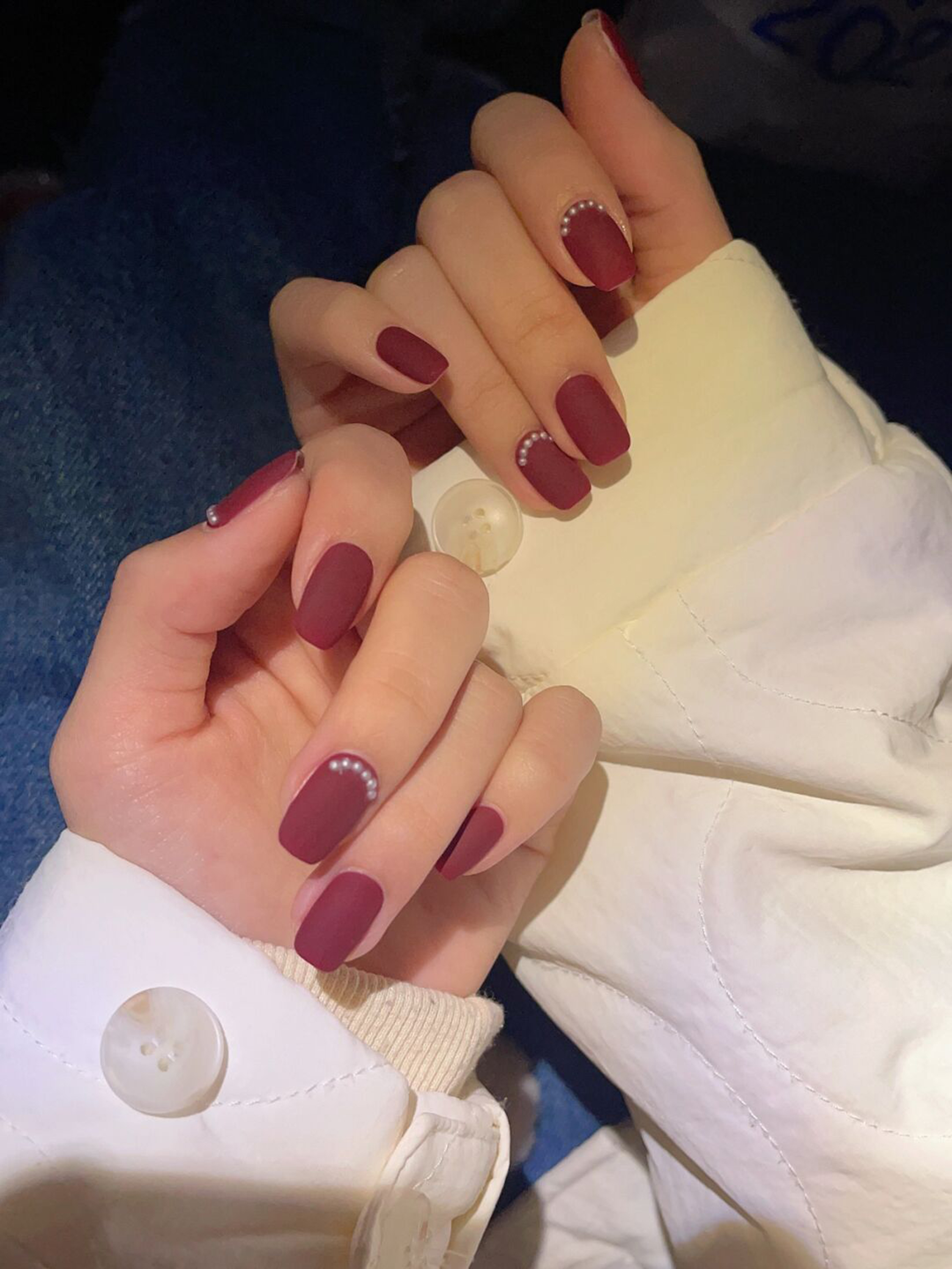 Burgundy Elegant Square Nails shown as a nail art design with burgundy, elegant, square and medium details.