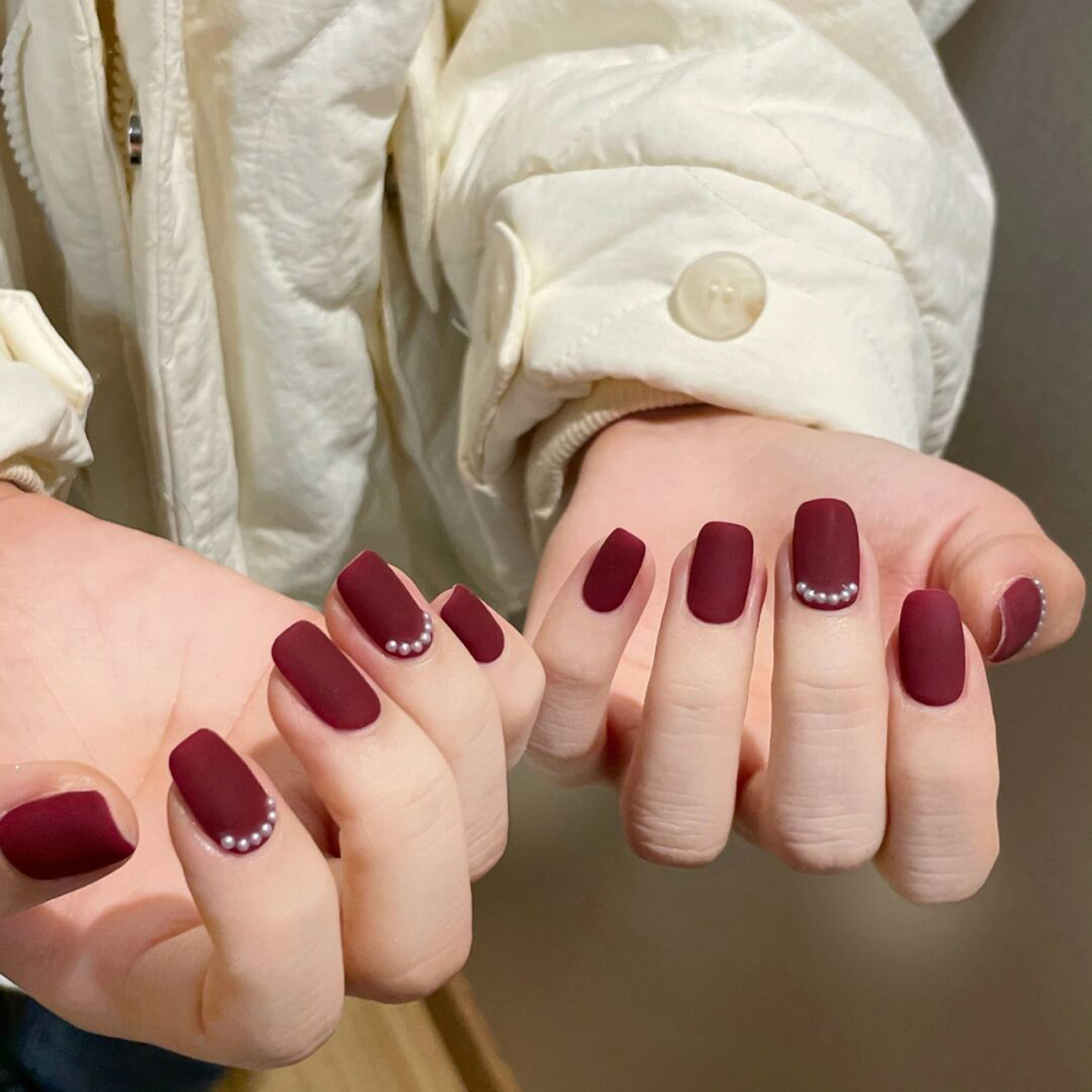 medium square burgundy nail design with elegant and 3d and gel details
