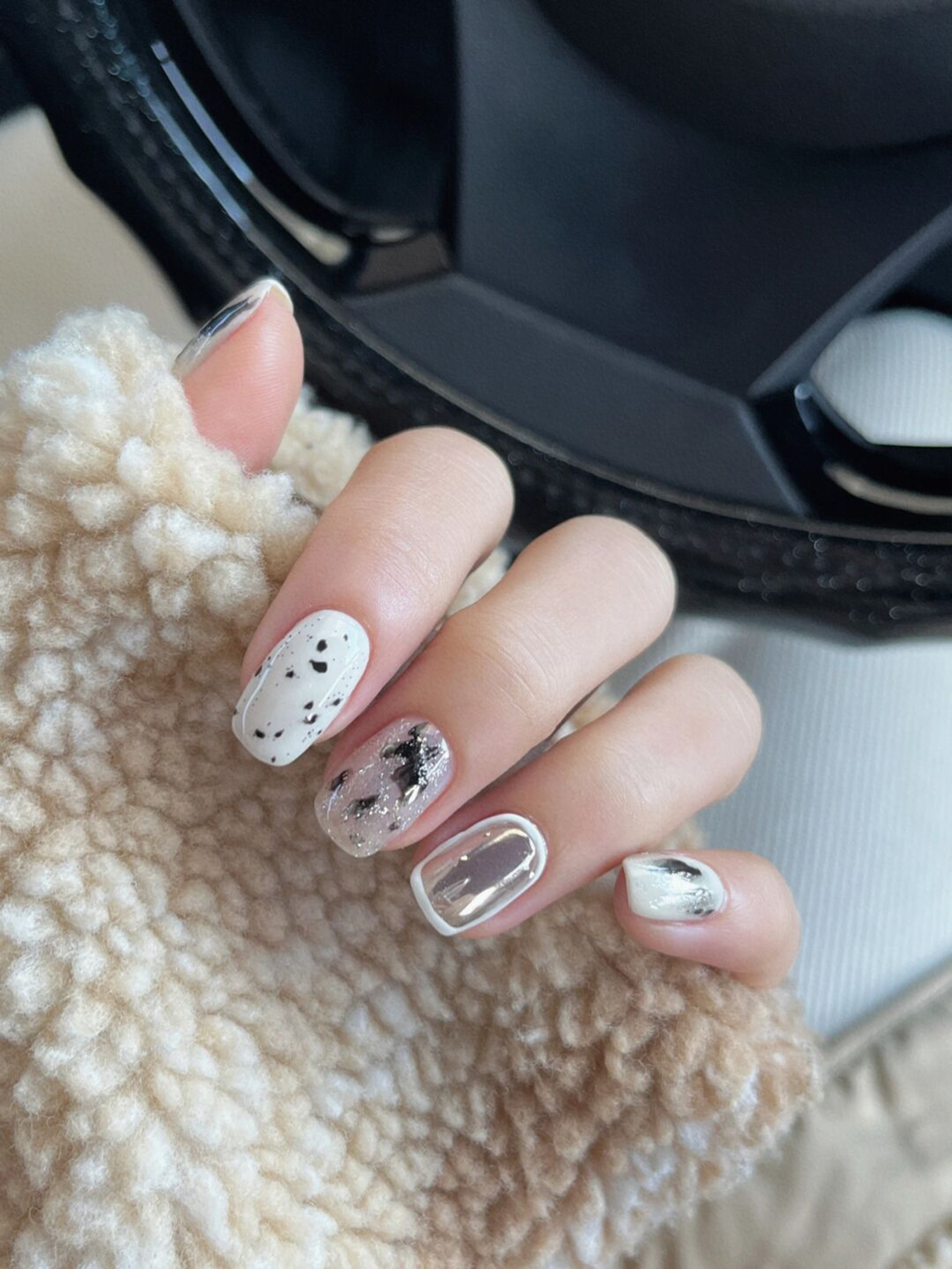White and Black Minimal Short Nails shown as a nail art design with white, black, aesthetic, minimal and short details.