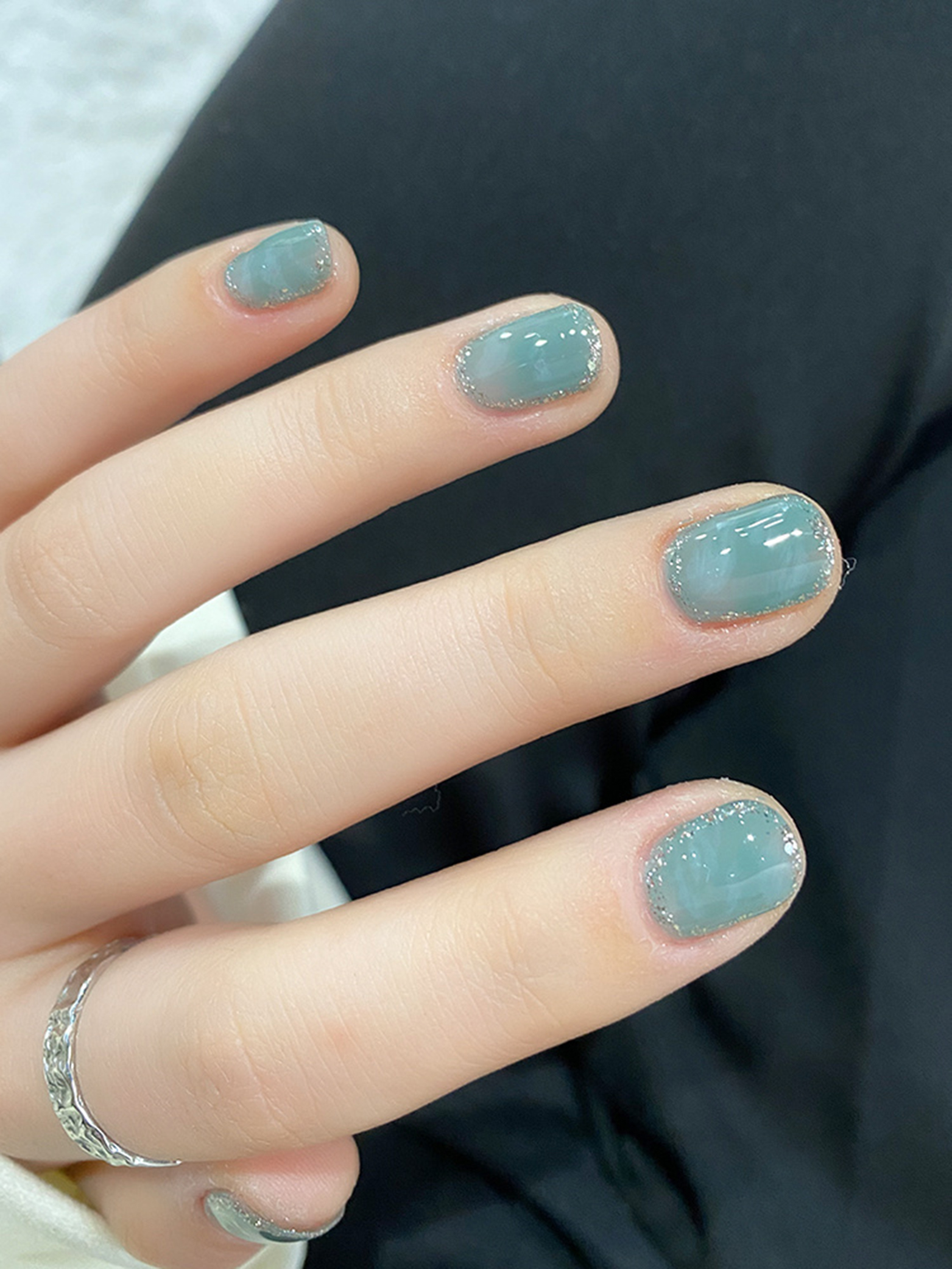 Teal Glitter Short Round Nails with blue, green, glitter, simple, round and short details.