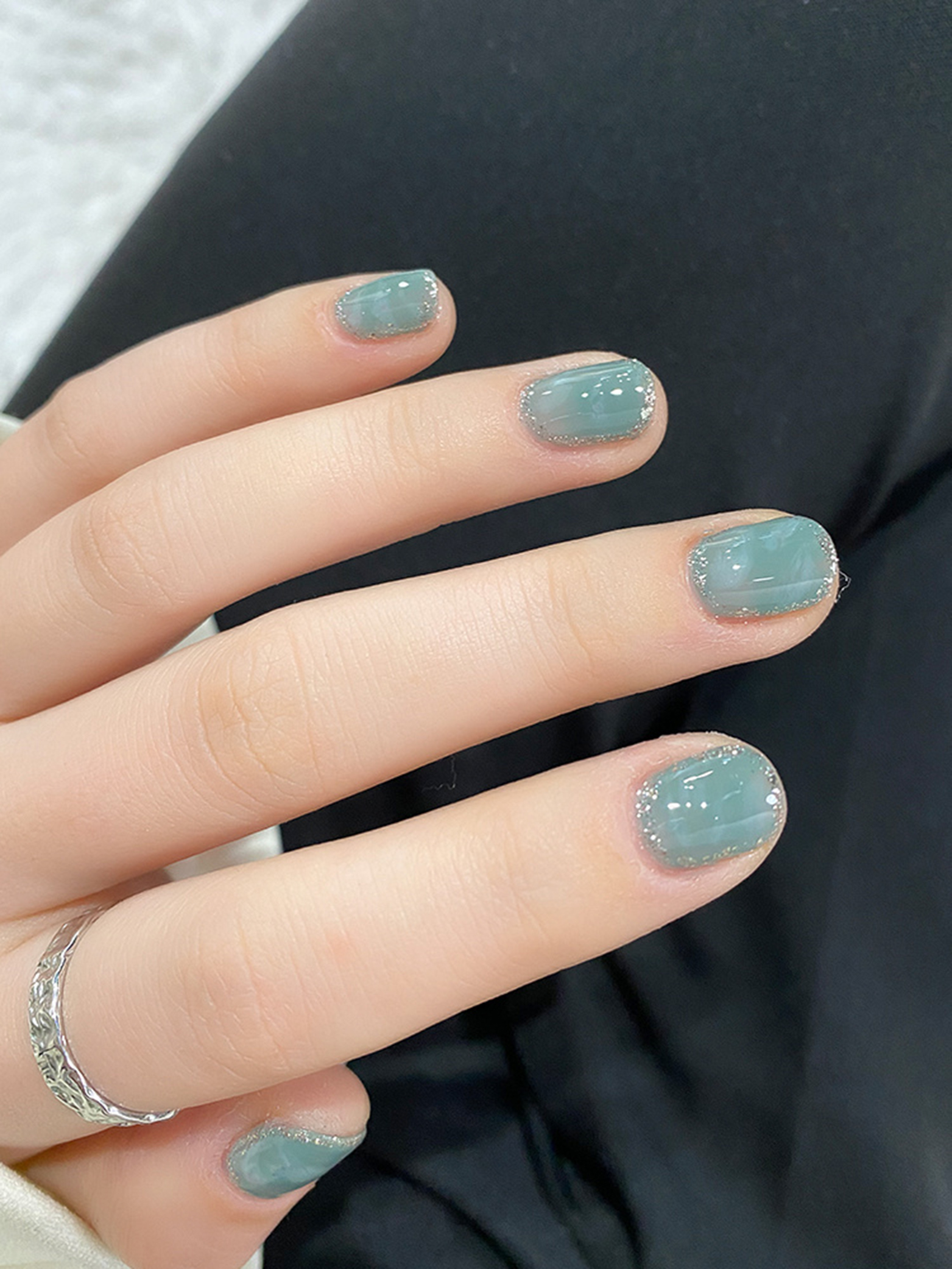 Green Simple Short Round Nails shown as a nail art design with green, simple, gel, round and short details.