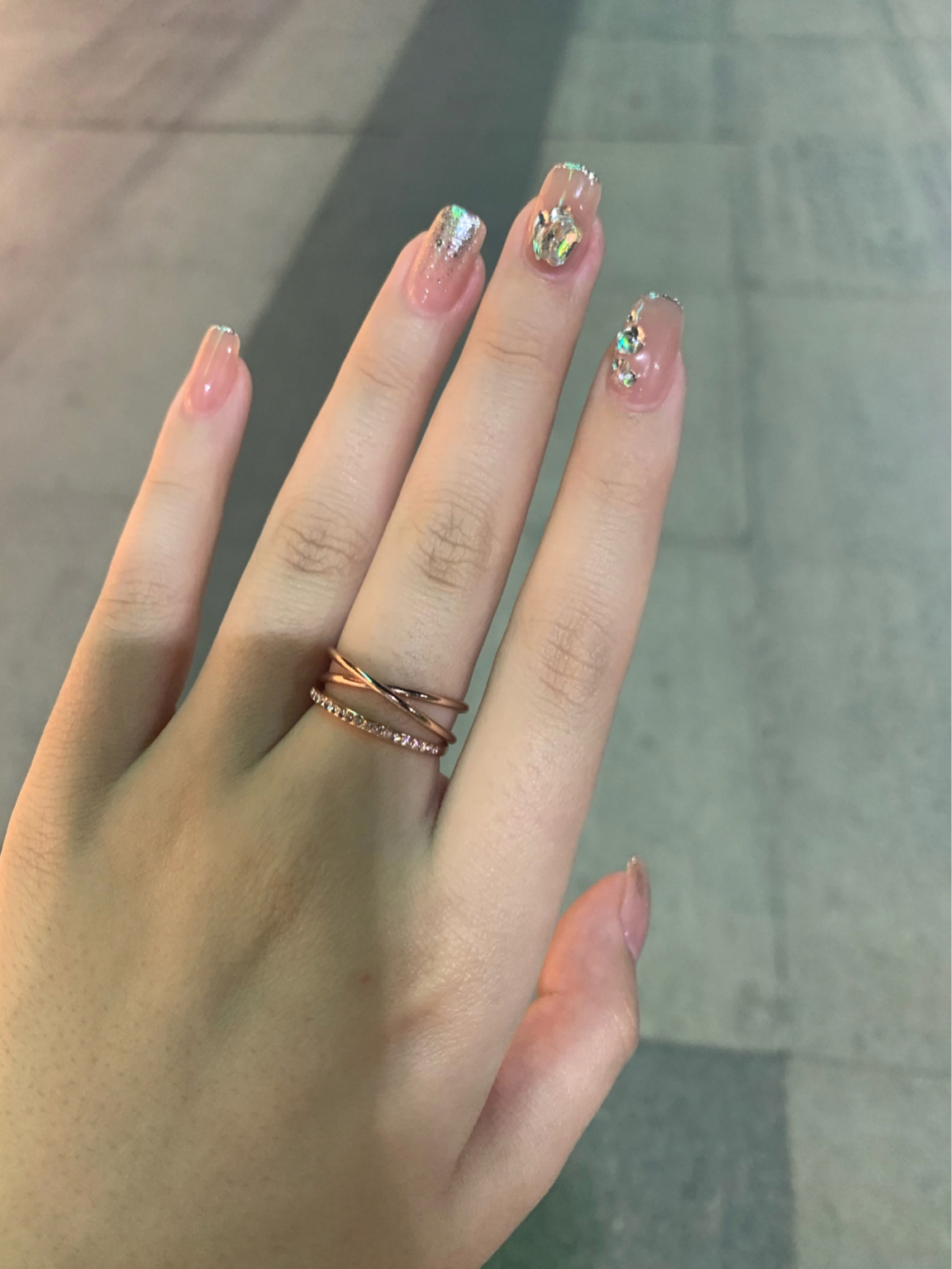 Nude Glitter Long Almond Nails shown as a nail art design with nude, elegant, minimal, glitter, almond and long details.