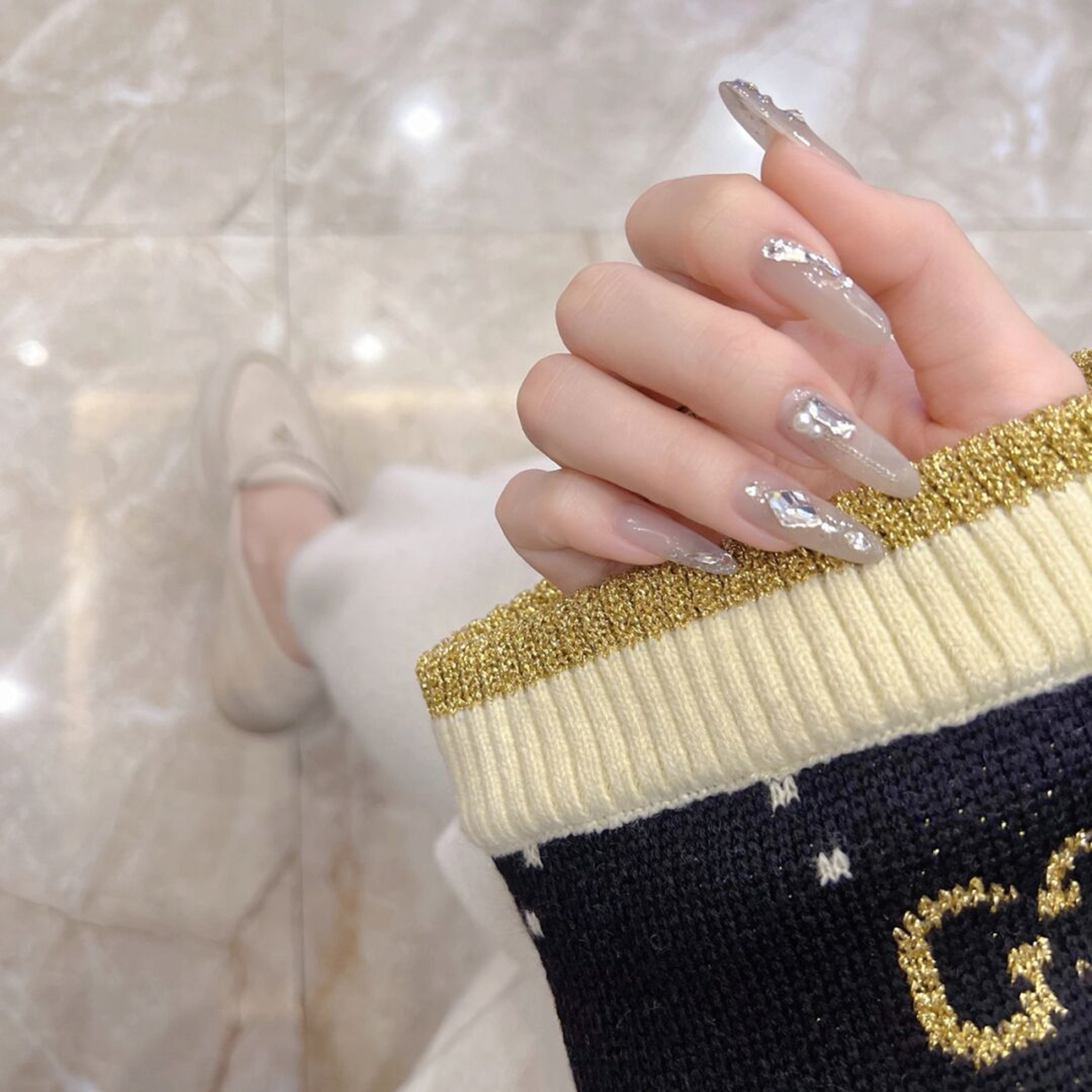 Silver Chrome Long Stiletto Nails with silver, nude, chrome, glitter, elegant, stiletto and long details.