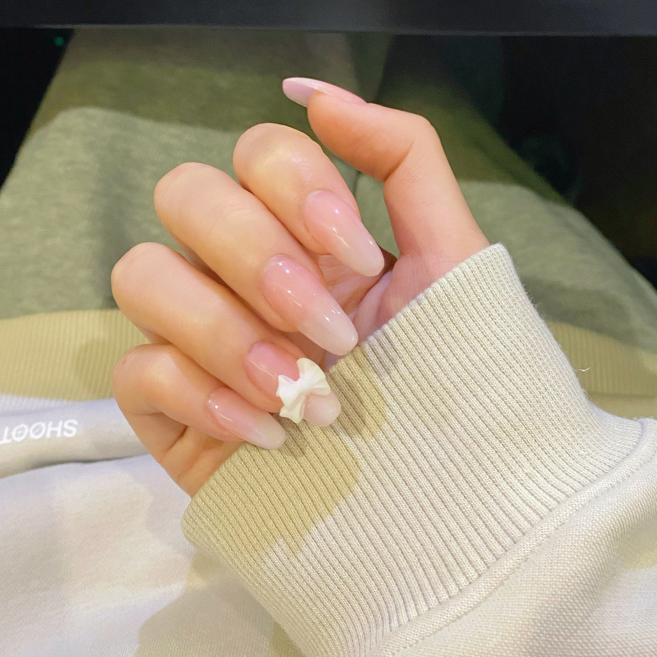 Pink 3D Floral Long Almond Nails with pink, white, 3d, floral, ombre, flower, almond and long details.