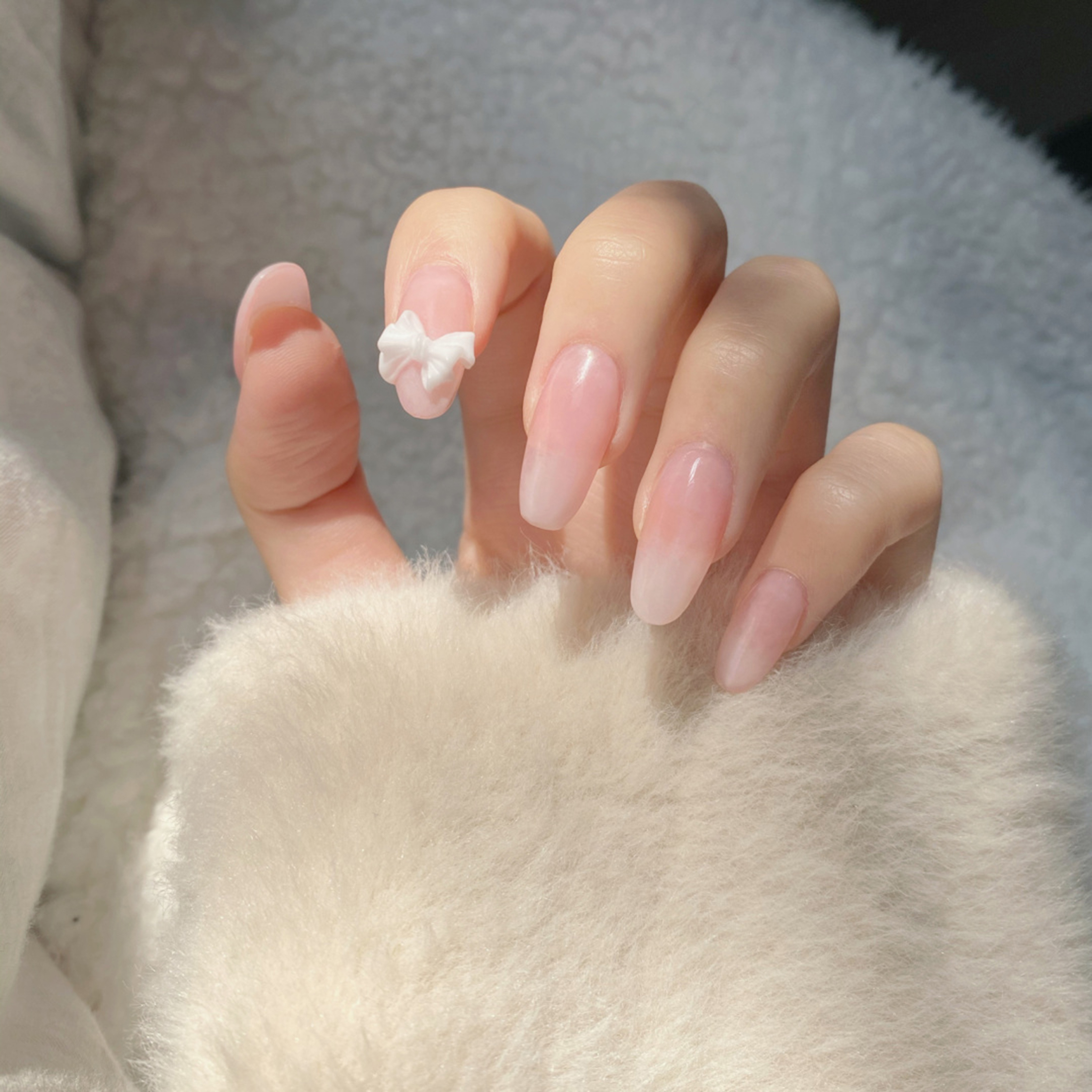 Pink Ombre 3D Bow Long Almond Nails with pink, white, ombre, 3d, elegant, bow, almond and long details.