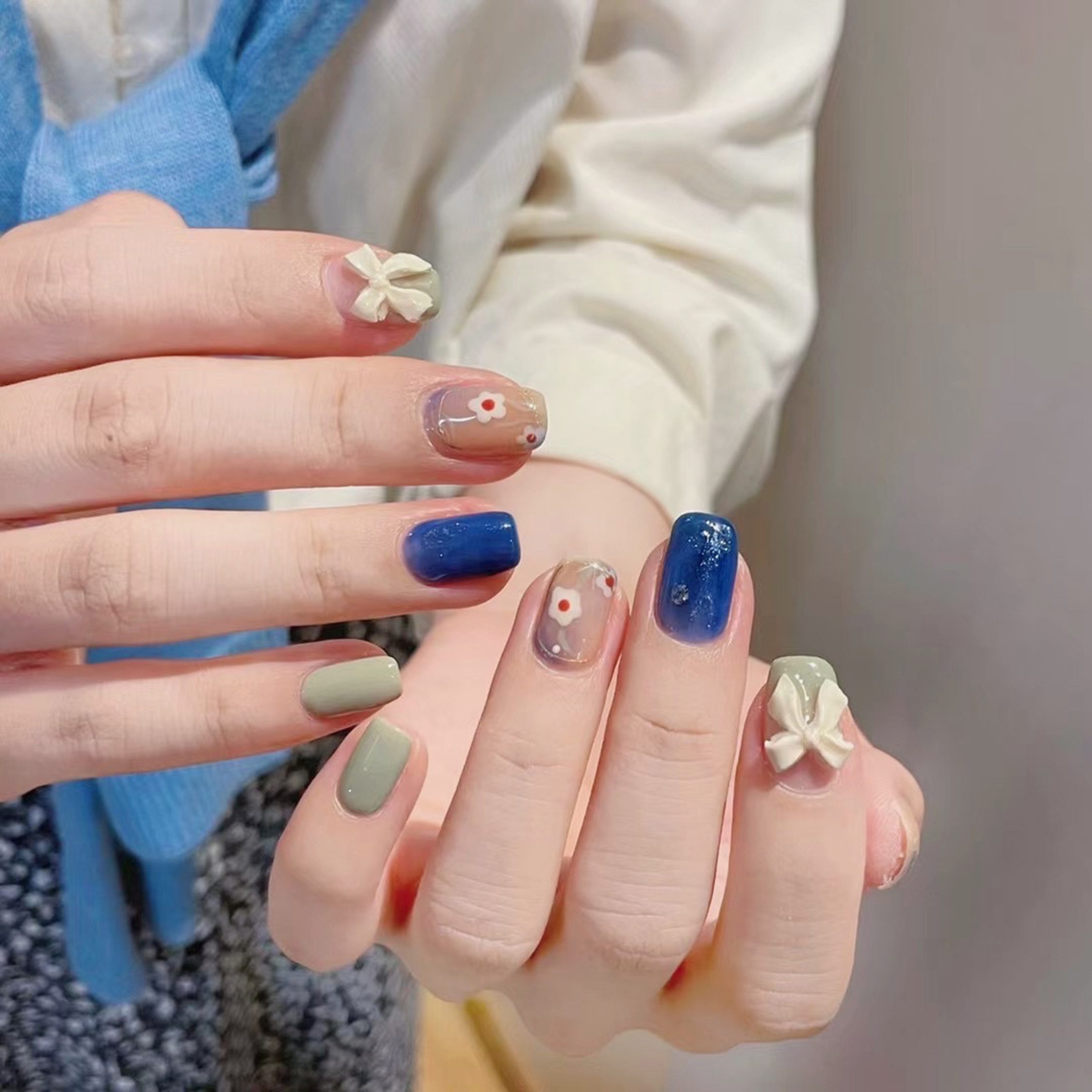 Blue Green Floral 3D Square Nails with blue, green, nude, 3d, floral, cute, flower, bow, square and medium details.