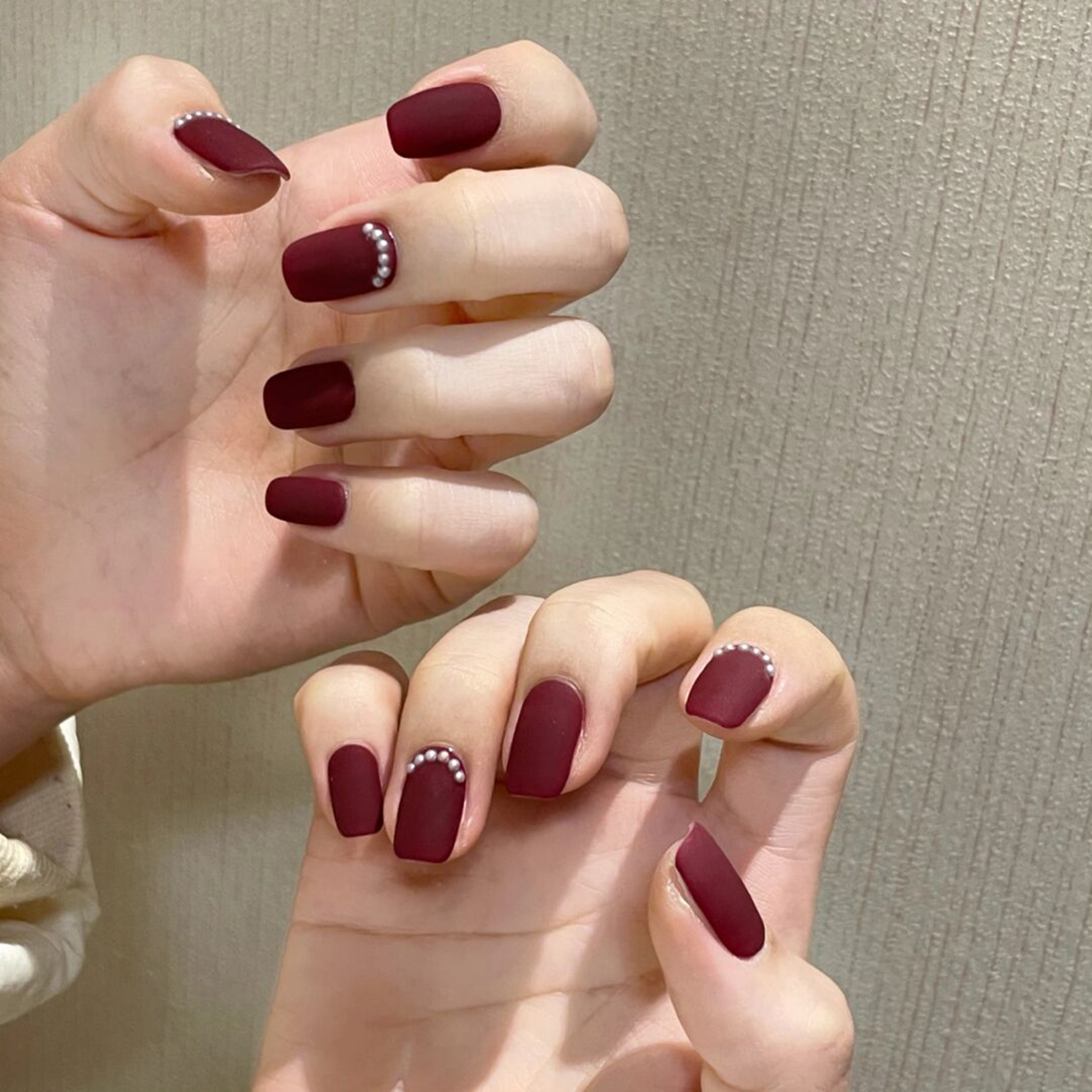 Burgundy 3D Pearl Medium Square Nails with burgundy, 3d, elegant, classy, square and medium details.