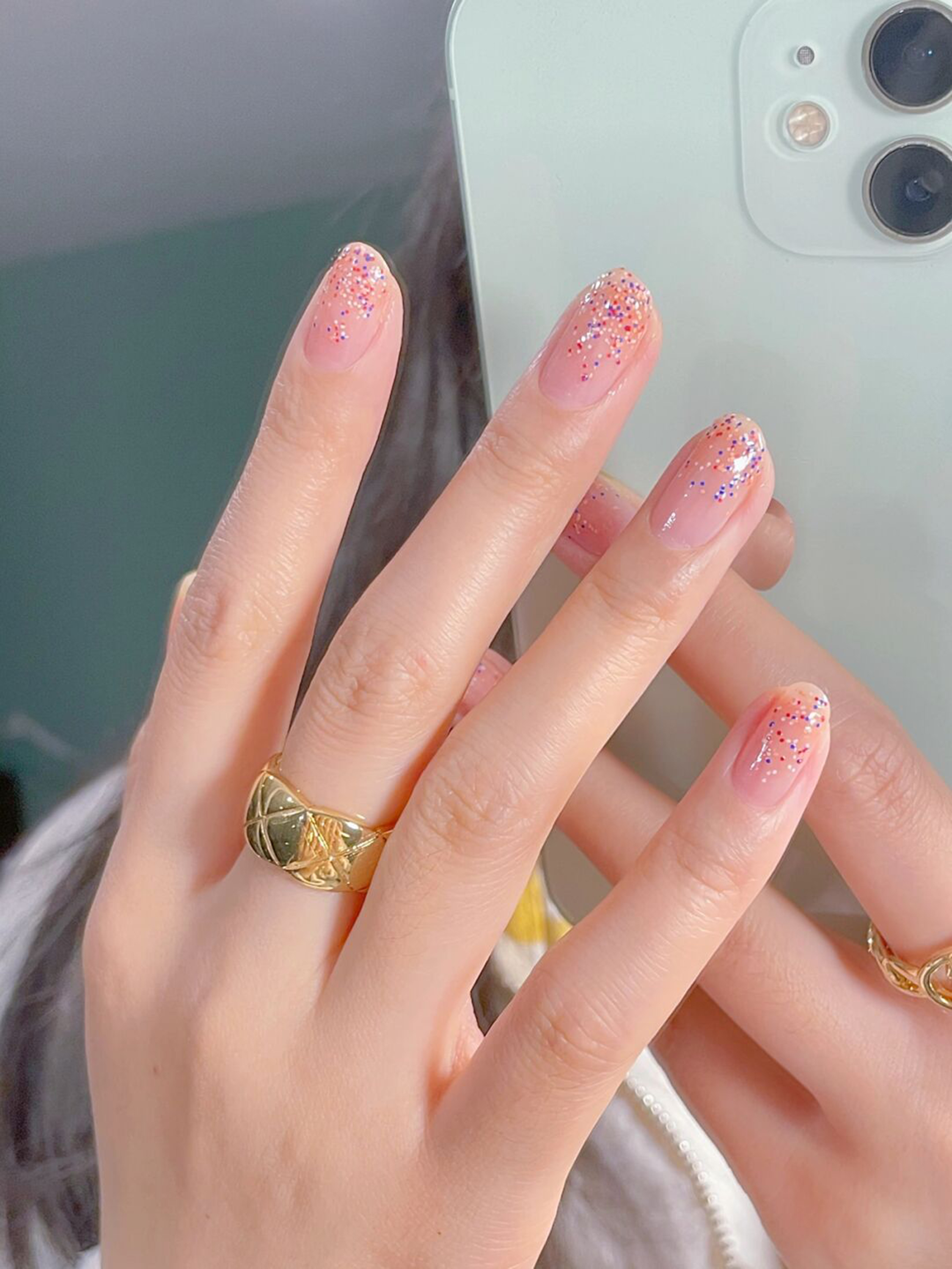 Pink Ombre Short Round Nails shown as a nail art design with pink, glitter, ombre, round and short details.