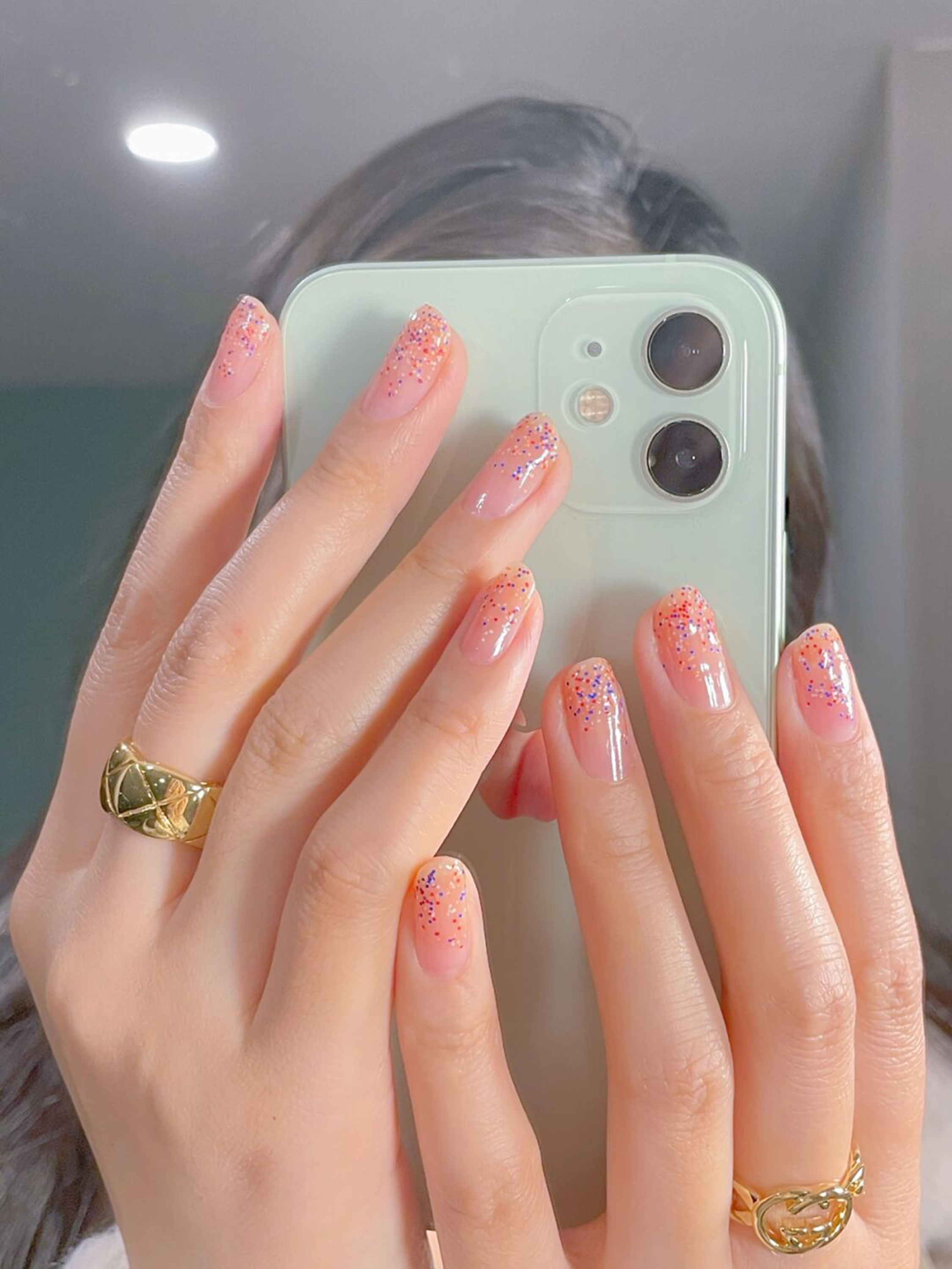 Pink Ombre Short Round Nails shown as a nail art design with pink, glitter, ombre, round and short details.
