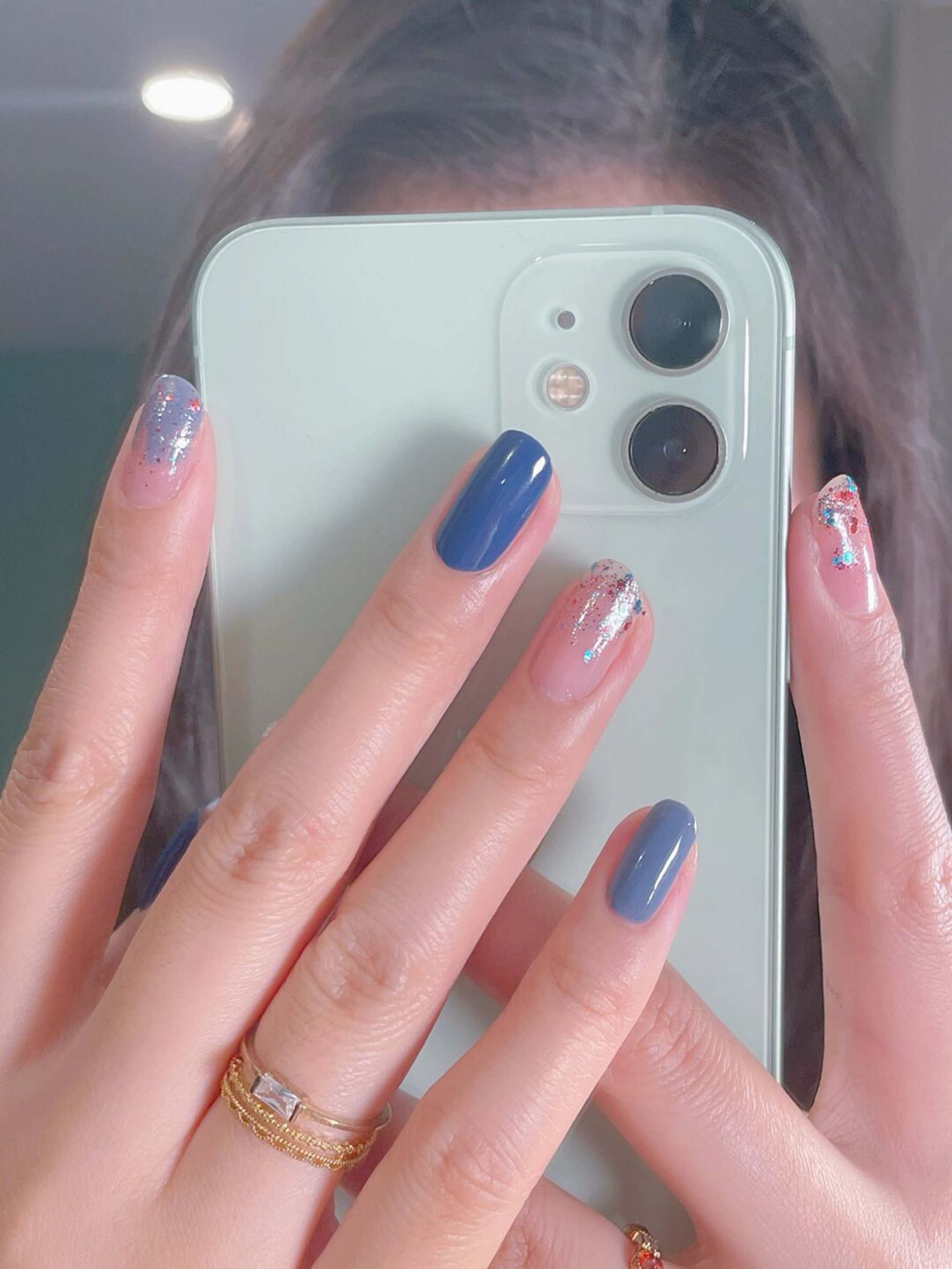 Blue and Nude Simple Short Round Nails shown as a nail art design with blue, nude, simple, clean girl, round and short details.