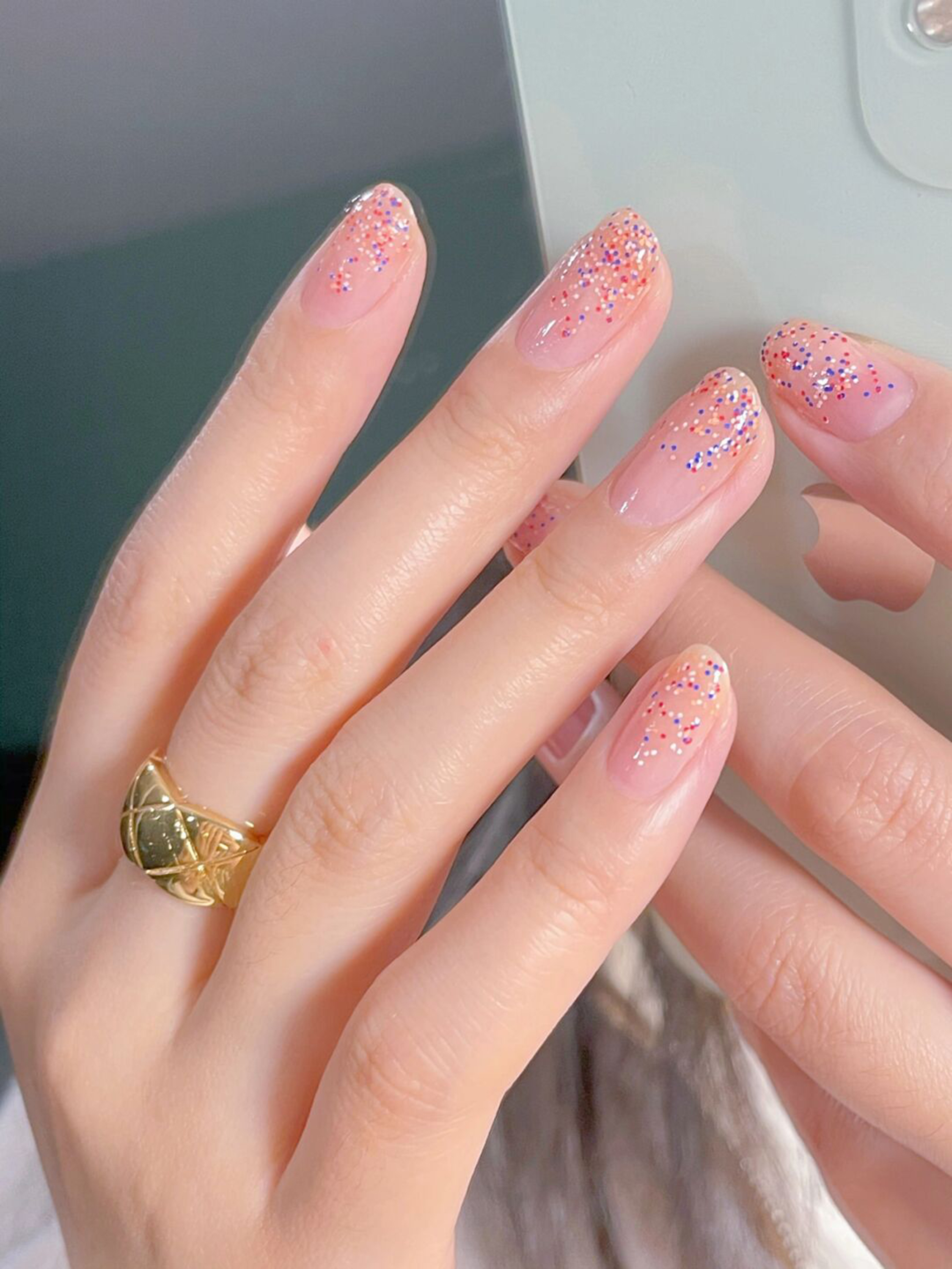 Pink Ombre Short Round Nails shown as a nail art design with pink, glitter, ombre, round and short details.