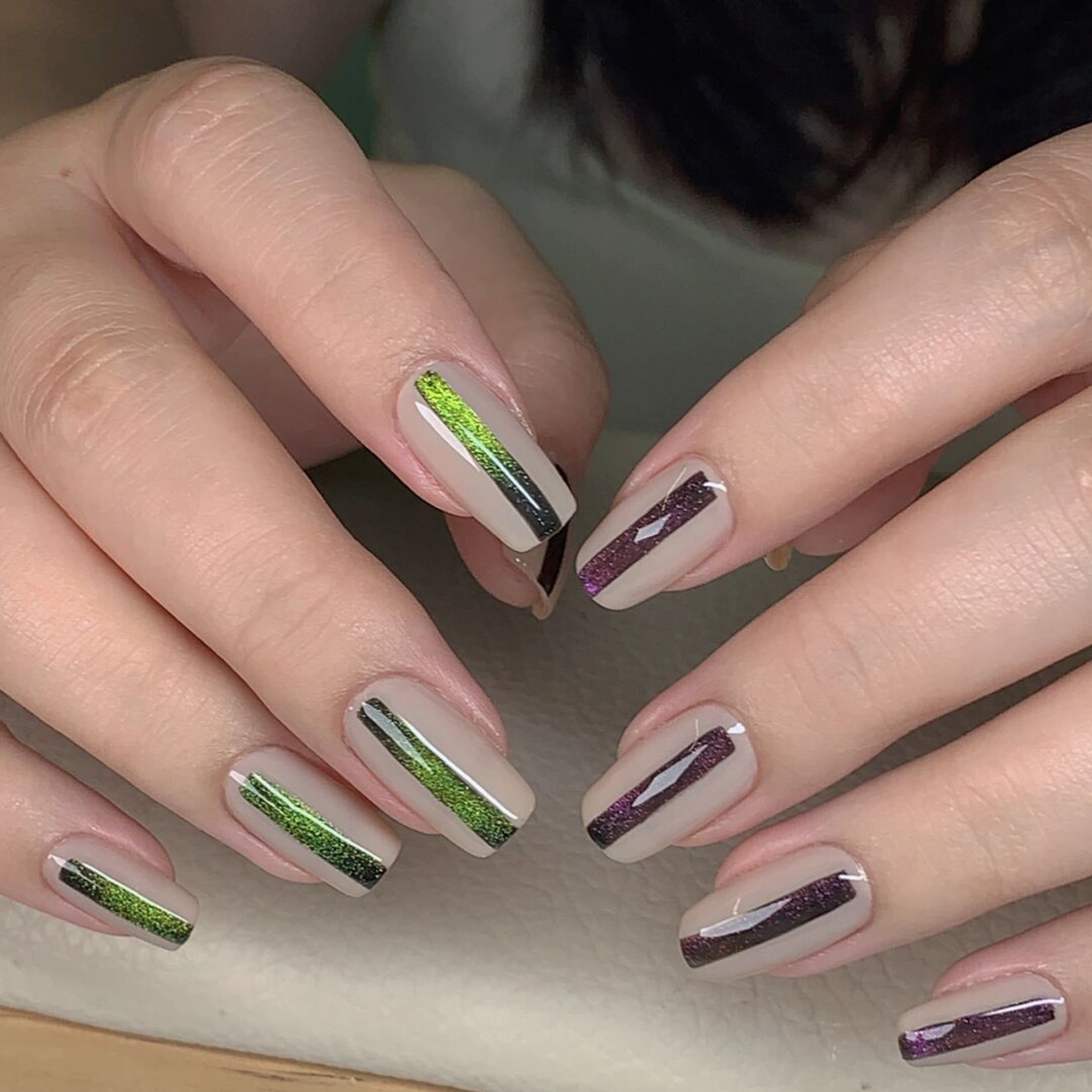 Green, Nude and Purple Glitter Square Nails shown as a nail art design with green, nude, purple, glitter, elegant, square and medium details.