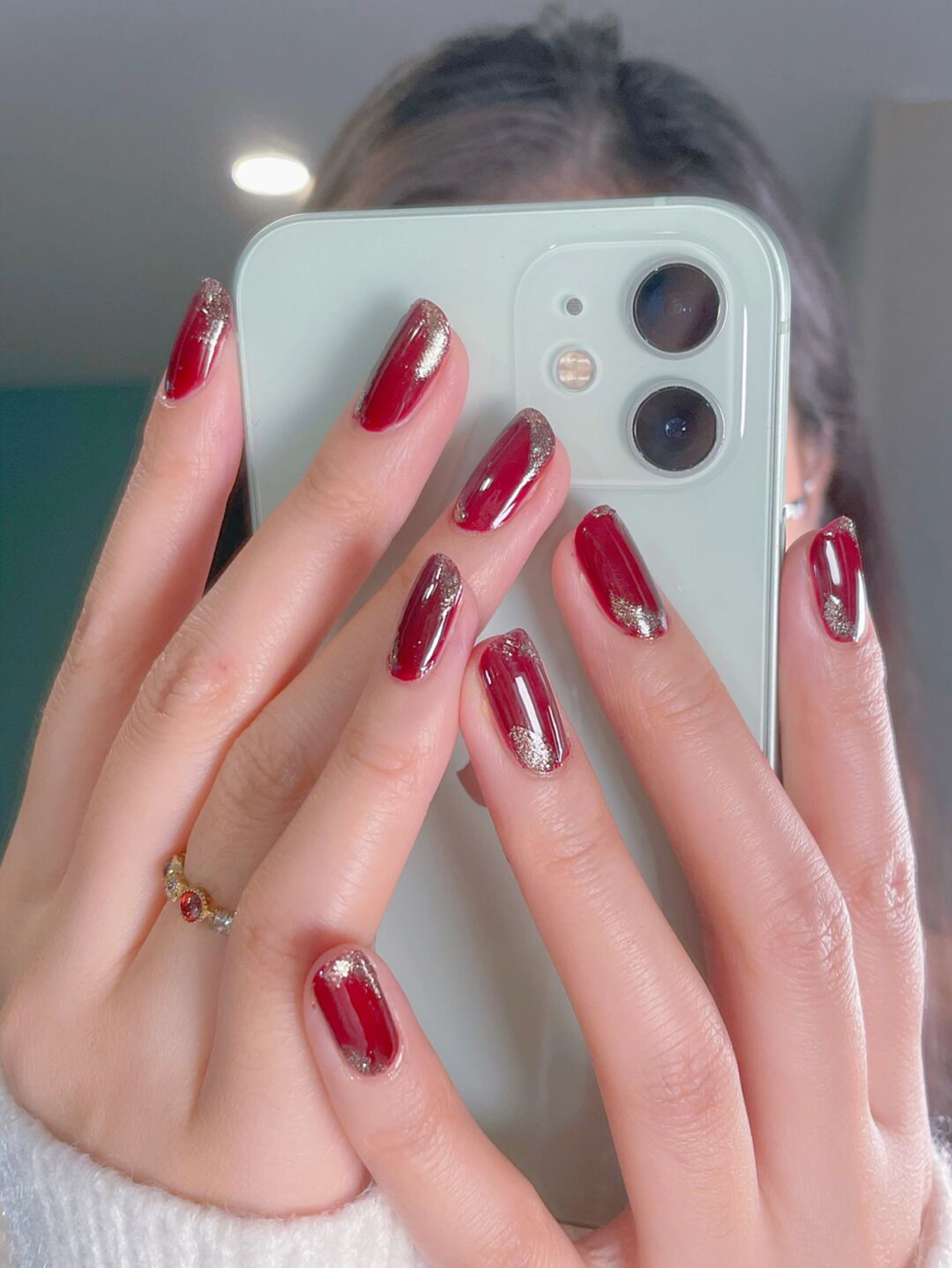 Red Simple Oval Nails shown as a nail art design with red, elegant, simple, oval and medium details.