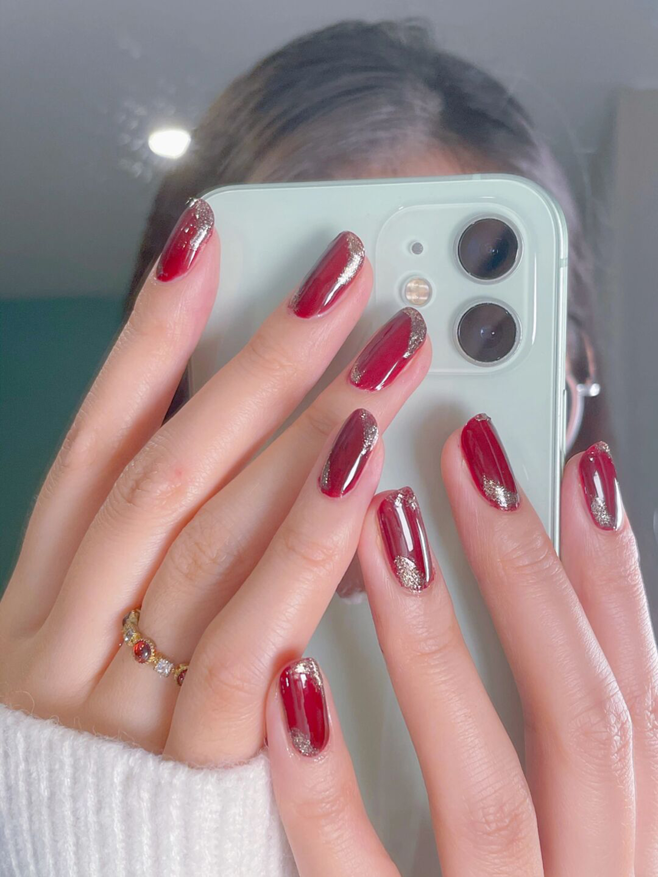 Red Simple Oval Nails shown as a nail art design with red, elegant, simple, oval and medium details.