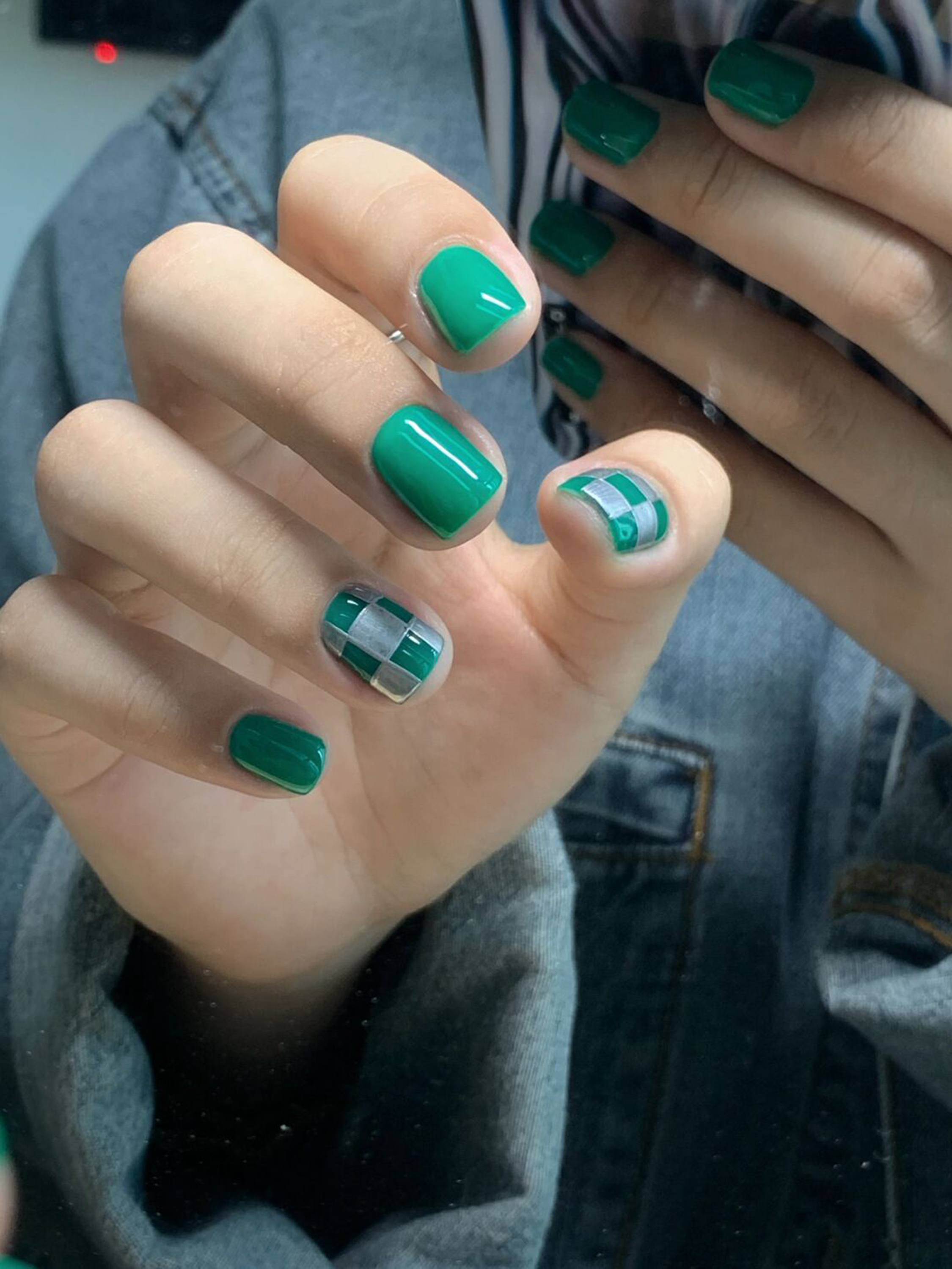 Green and White Checkerboard Square Nails shown as a nail art design with green, white, checkerboard, square and medium details.