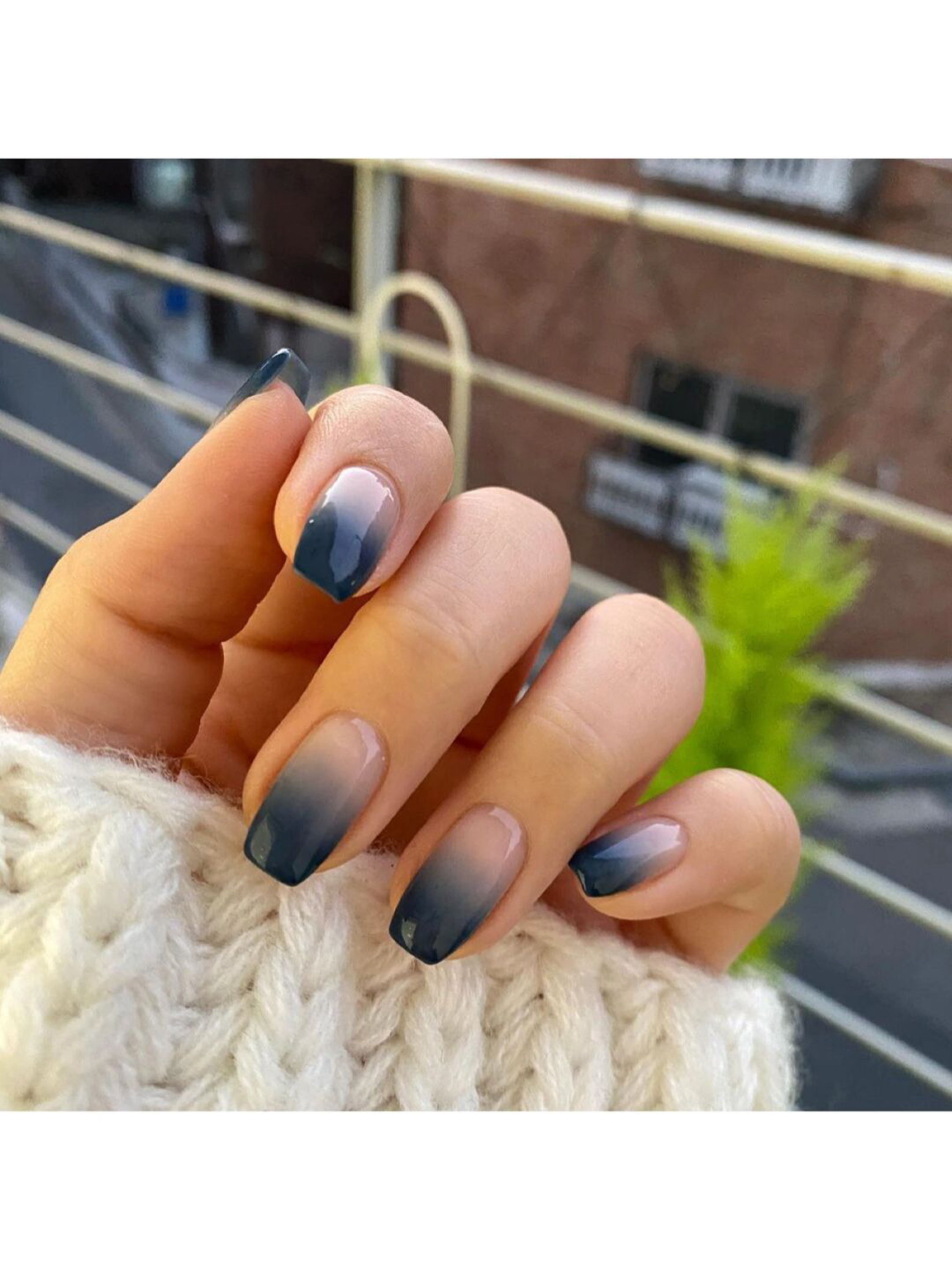Blue and White Ombre Short Round Nails shown as a nail art design with blue, white, ombre, elegant, round and short details.