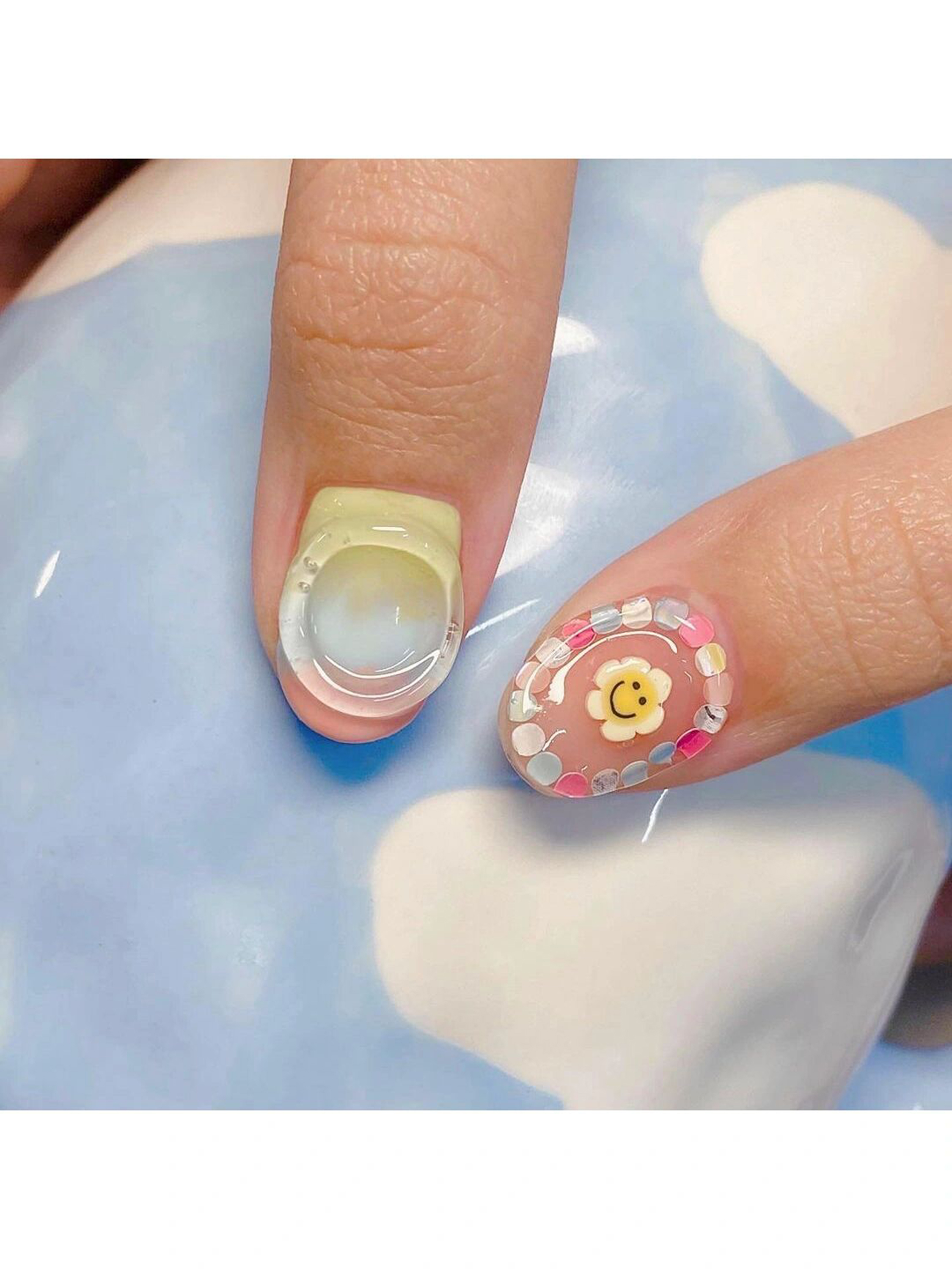 Yellow, Pink and White Floral Short Round Nails shown as a nail art design with yellow, pink, white, cute, japanese, flower, round and short details.