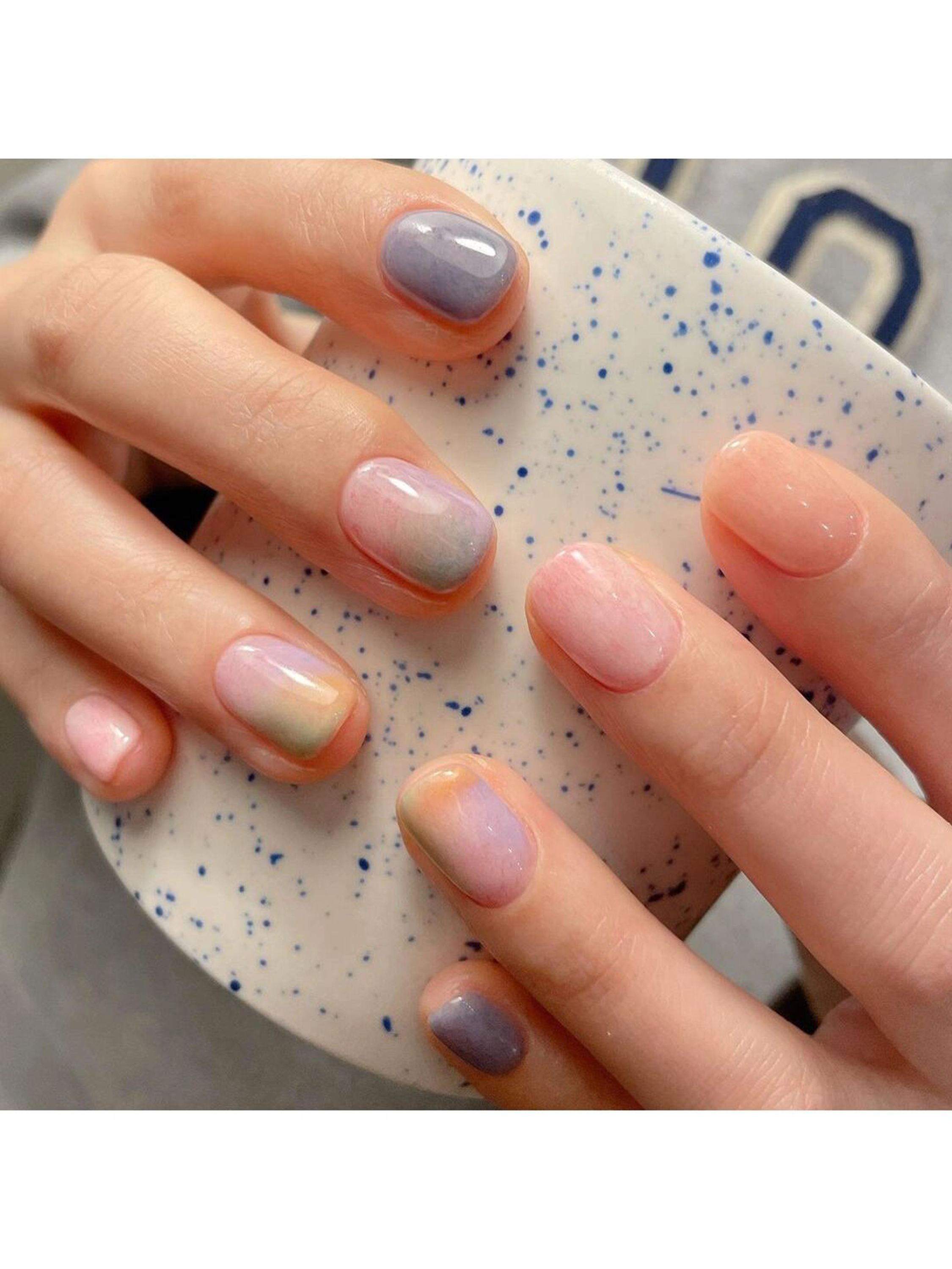 Pastel, Purple and Pink Ombre Short Round Nails shown as a nail art design with pastel, purple, pink, ombre, round and short details.