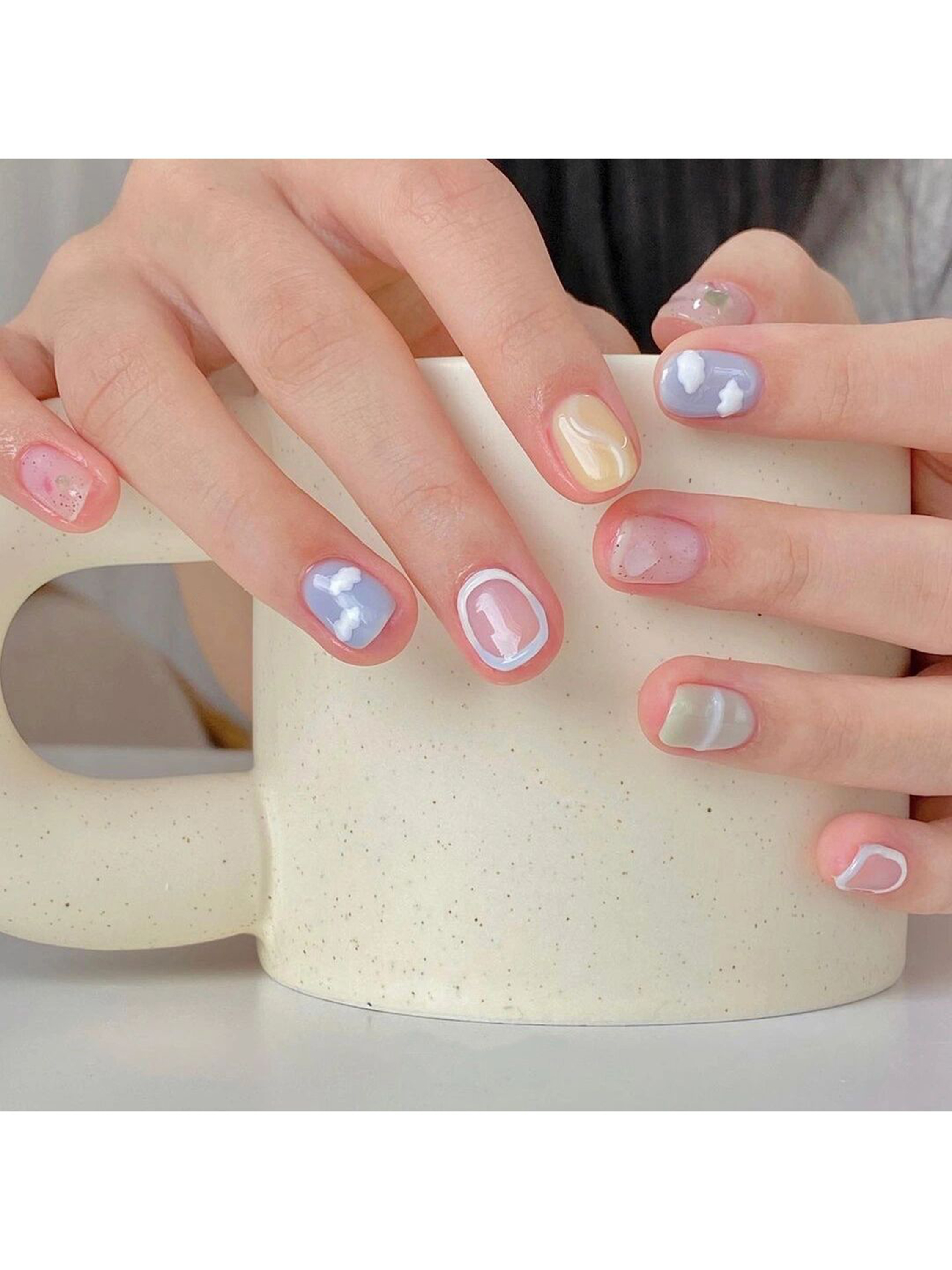 Pink, Blue and White Heart Short Round Nails shown as a nail art design with pink, blue, white, cute, heart, round and short details.