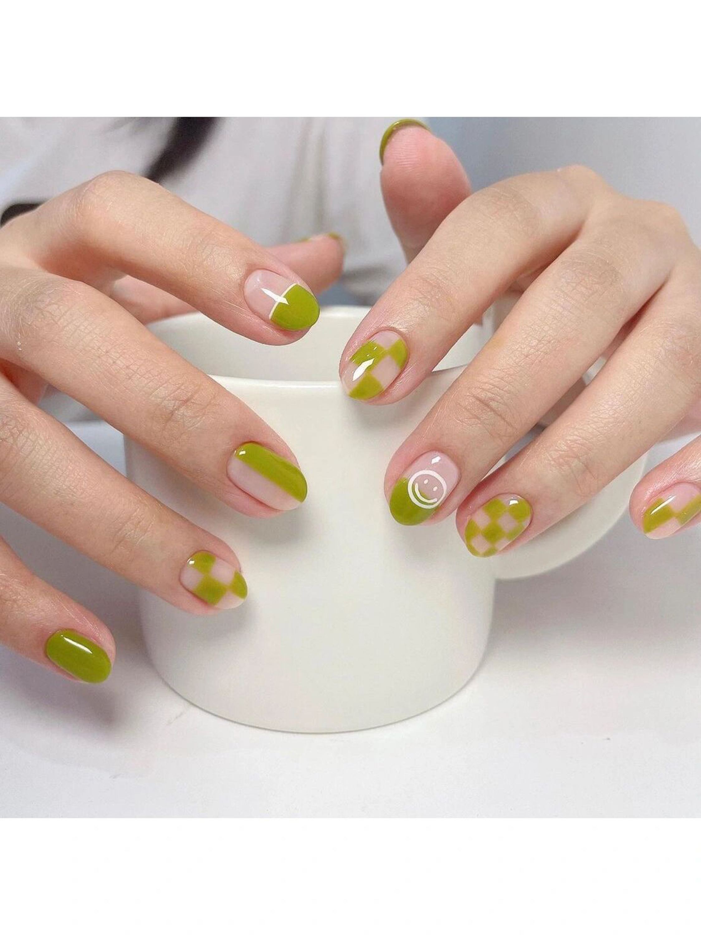 Green and White Floral Short Square Nails shown as a nail art design with green, white, cute, flower, square and short details.