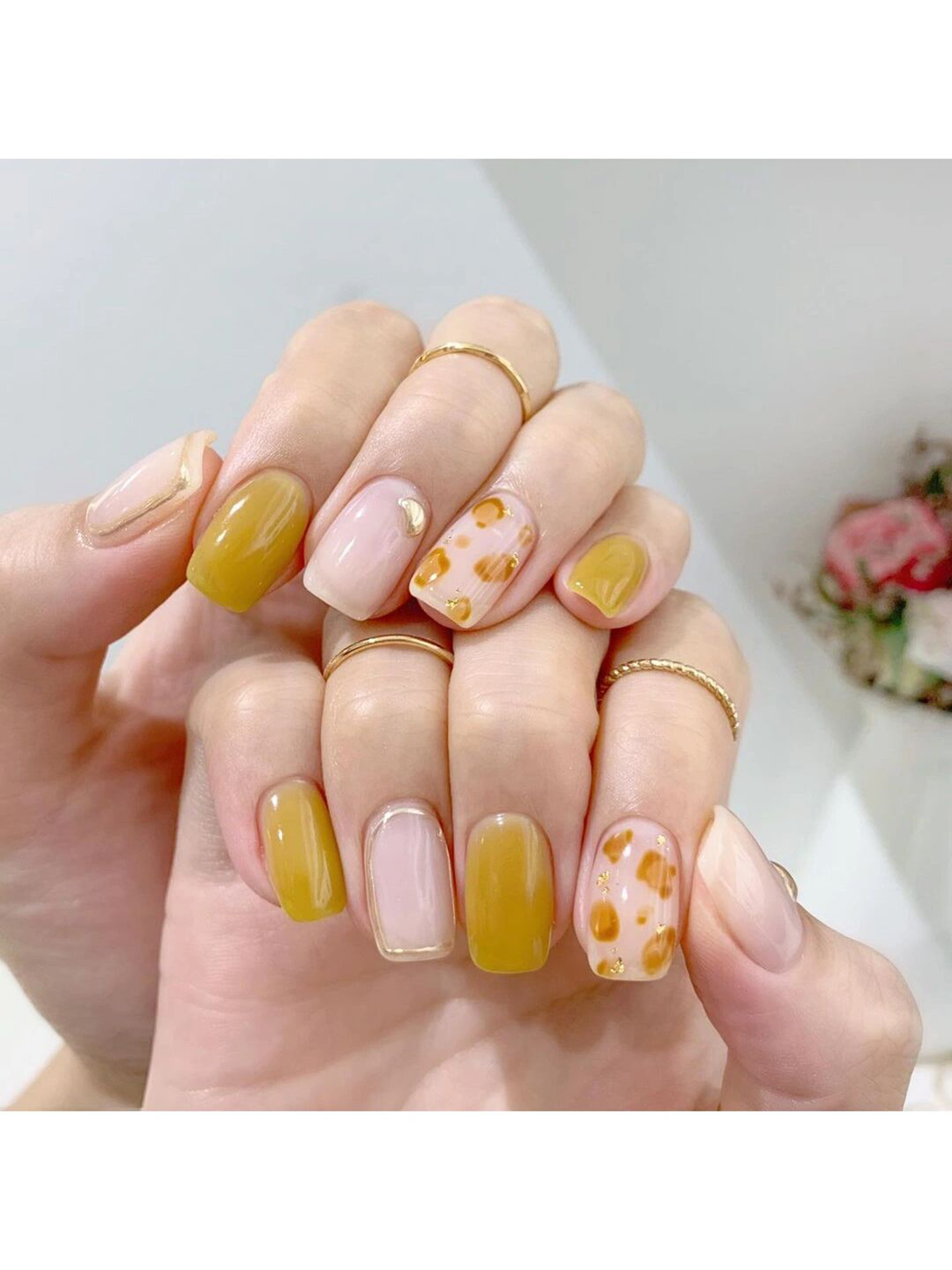 Yellow and White Floral Short Square Nails shown as a nail art design with yellow, white, cute, flower, square and short details.