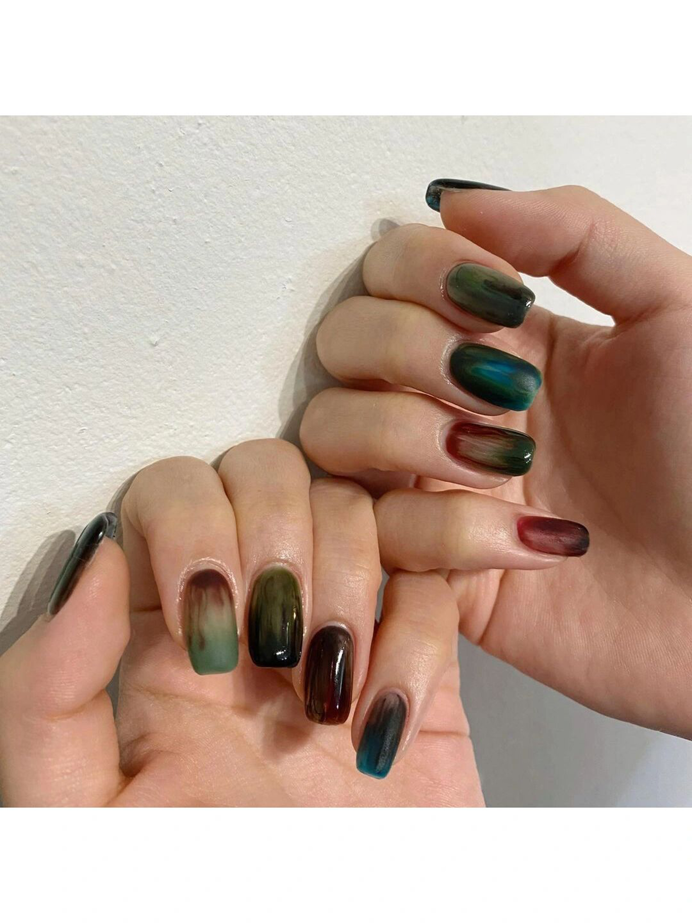 Green and Brown Ombre Short Square Nails shown as a nail art design with green, brown, ombre, square and short details.