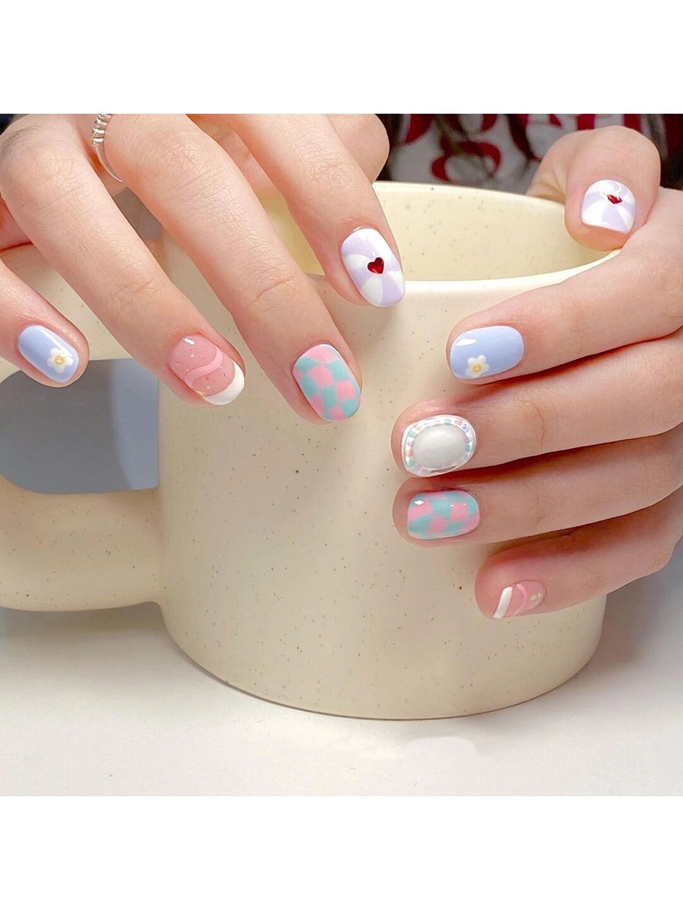 Pastel Heart Short Square Nails shown as a nail art design with pastel, cute, heart, square and short details.