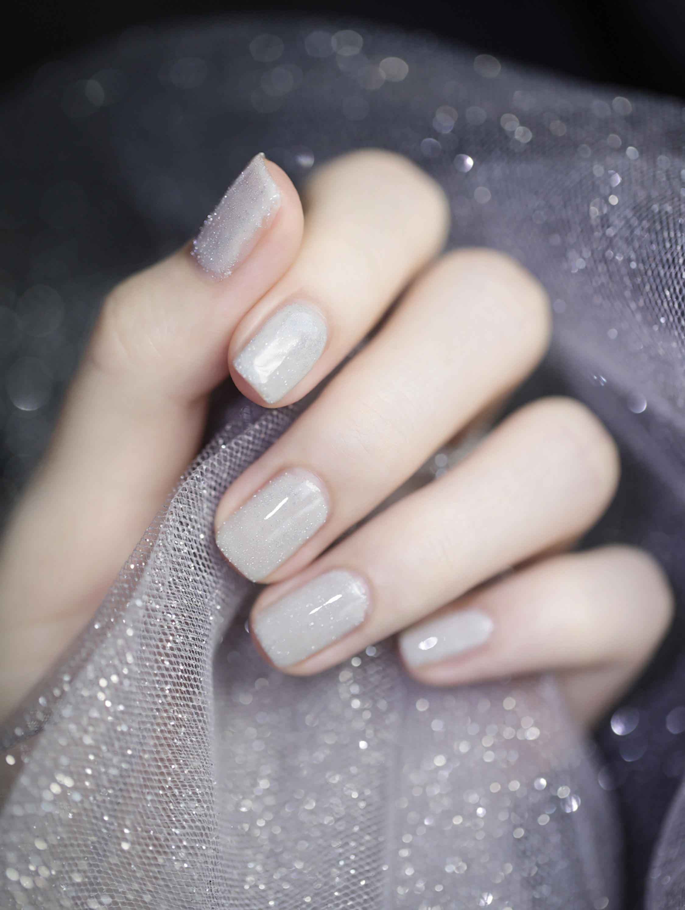 Silver Glitter Short Square Nails shown as a nail art design with silver, glitter, elegant, square and short details.