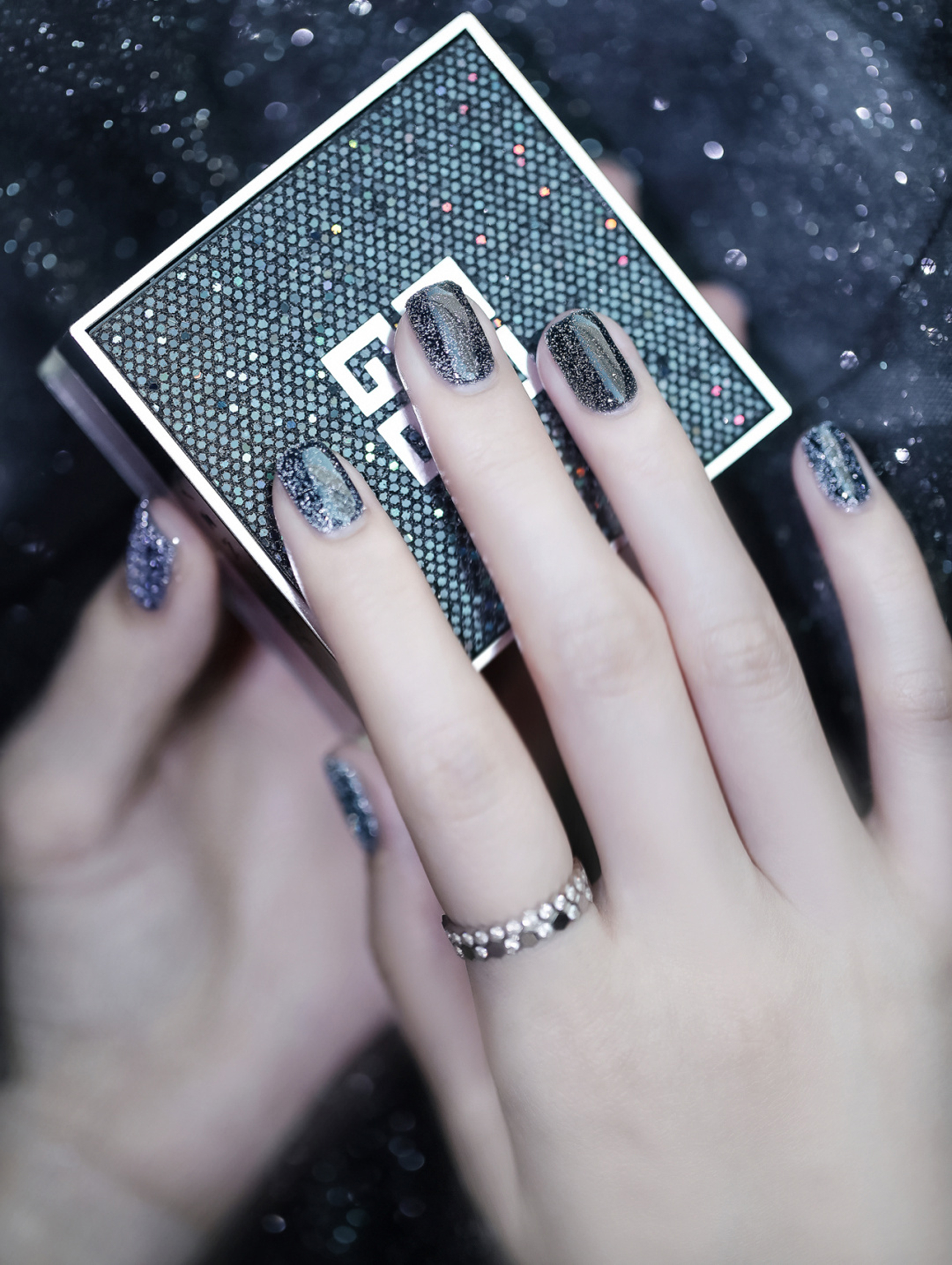 Black Glitter Square Nails shown as a nail art design with black, glitter, square and medium details.