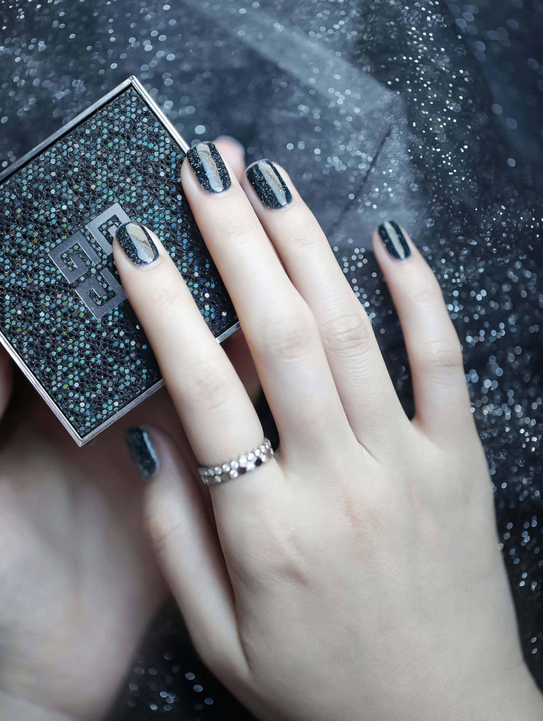 Black Glitter Square Nails shown as a nail art design with black, glitter, square and medium details.