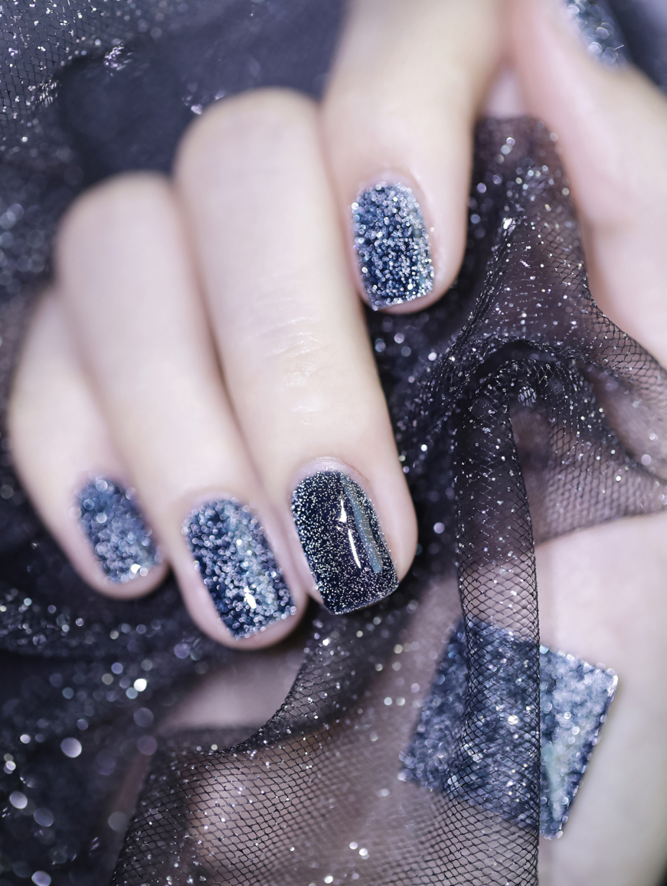 Black and Silver Glitter Square Nails shown as a nail art design with black, silver, glitter, square and medium details.